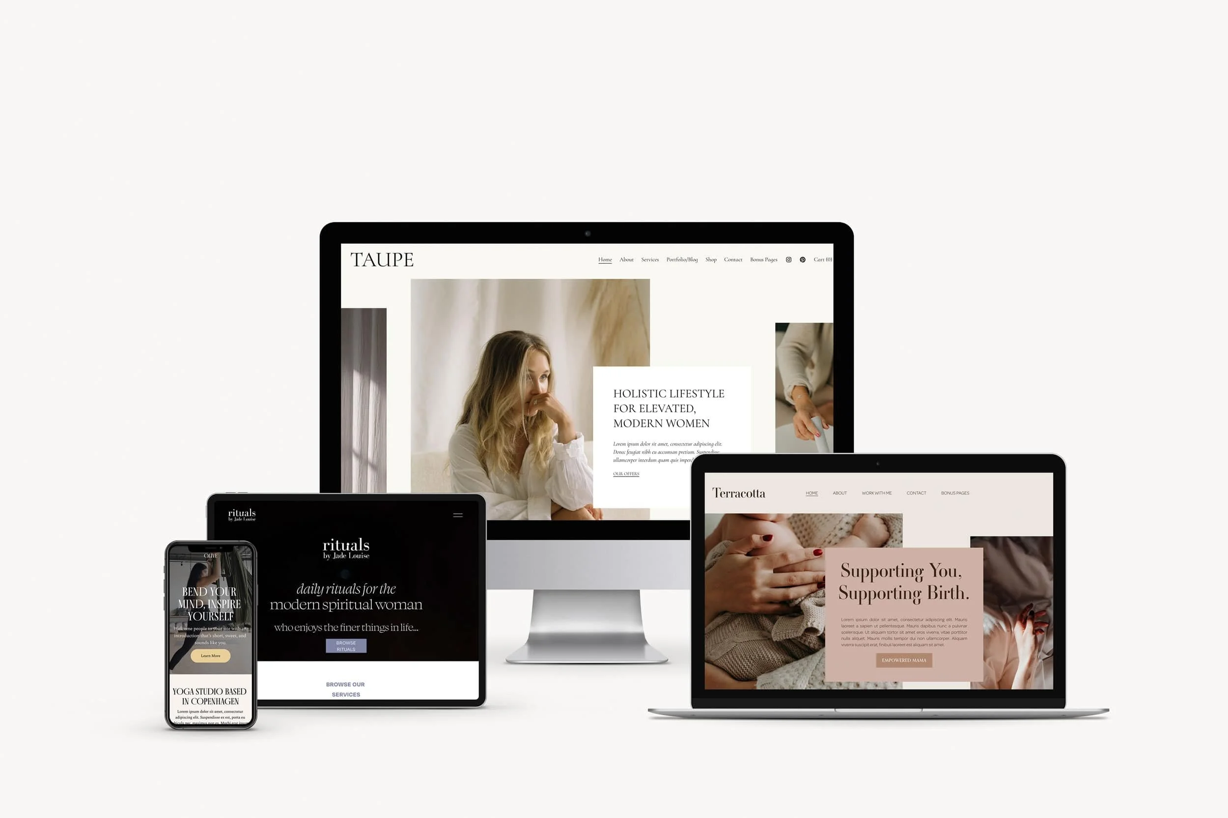Four different screens displaying a selection of Stellar Studios Squarespace Website templates.