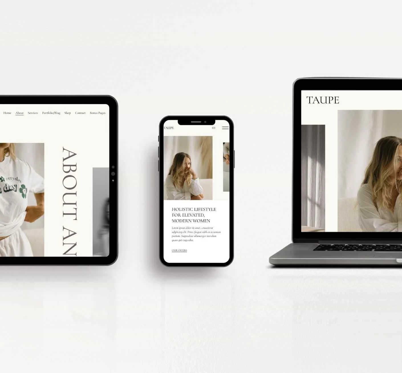 Three devices displaying one of Stellar Studios Squarespace Templates.