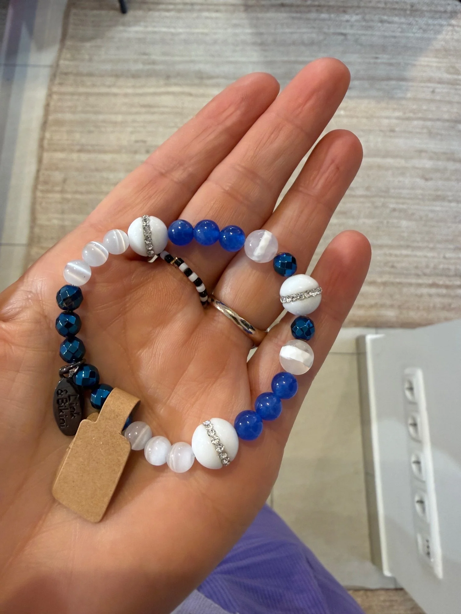 Armband mit Jade, Katzenauge, Hämatit in blau weiß