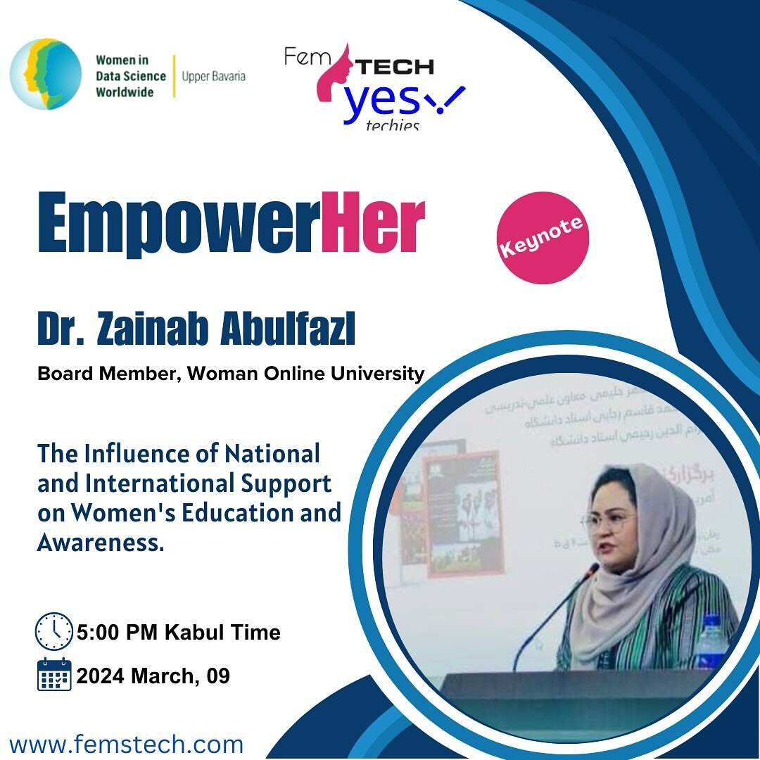 اعلان سخنران اصلی برای کنفرانس EmpowerHer 🌟

🌟 با افتخار  داکتر زینب ابوالفضل Zainab Abulfazl را به عنوان سخنران اصلی در کنفرانس EmpowerHer معرفی می&zwnj;کنیم.
داکتر زینب ابوالفضل دورهٔ تحصیلی خود را با درجه اعلا از لیسه عالی رابعه بلخی به پایان رس
