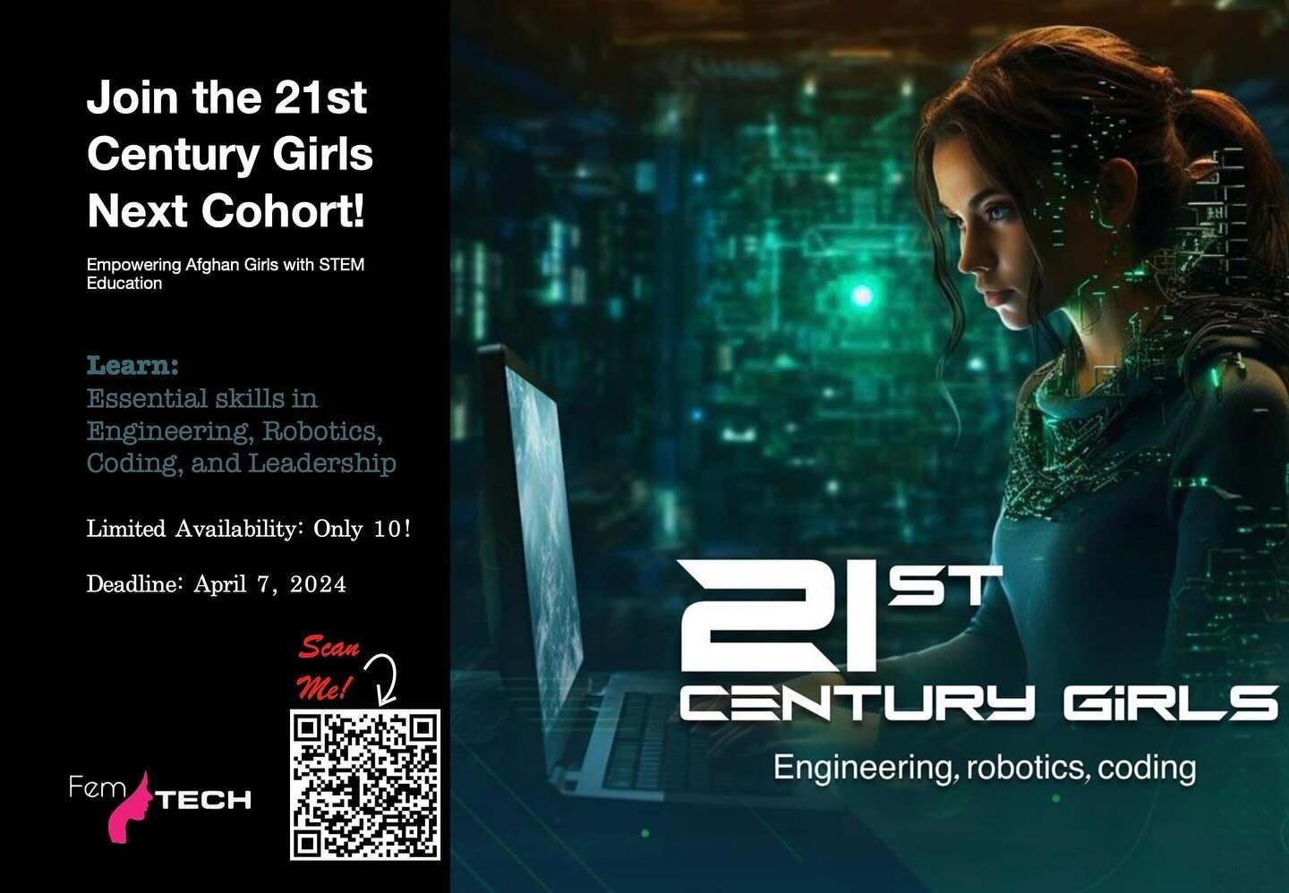 اطلاعیه!! 

 فرصت برای دختران افغان - به برنامه دختران قرن بیست و یکم بپیوندید!

 آیا شما علاقه مند هستید مهارت های اساسی در مهندسی، رباتیک، کدنویسی، رهبری و غیره را بیاموزید؟

 پس به این برنامه آموزشی توسط نهاد دختران قرن بیست و یکم درخواست دهید! ای