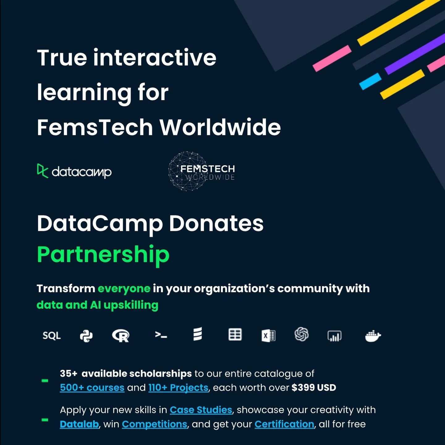 🚀 Another Exciting Scholarship Opportunity this time by @femstech and @datacamp Donate! 🚀

We are thrilled to announce our partnership with @datacamp Donate, bringing an incredible opportunity to the FemsTech community! 💻✨

Thanks to this partners