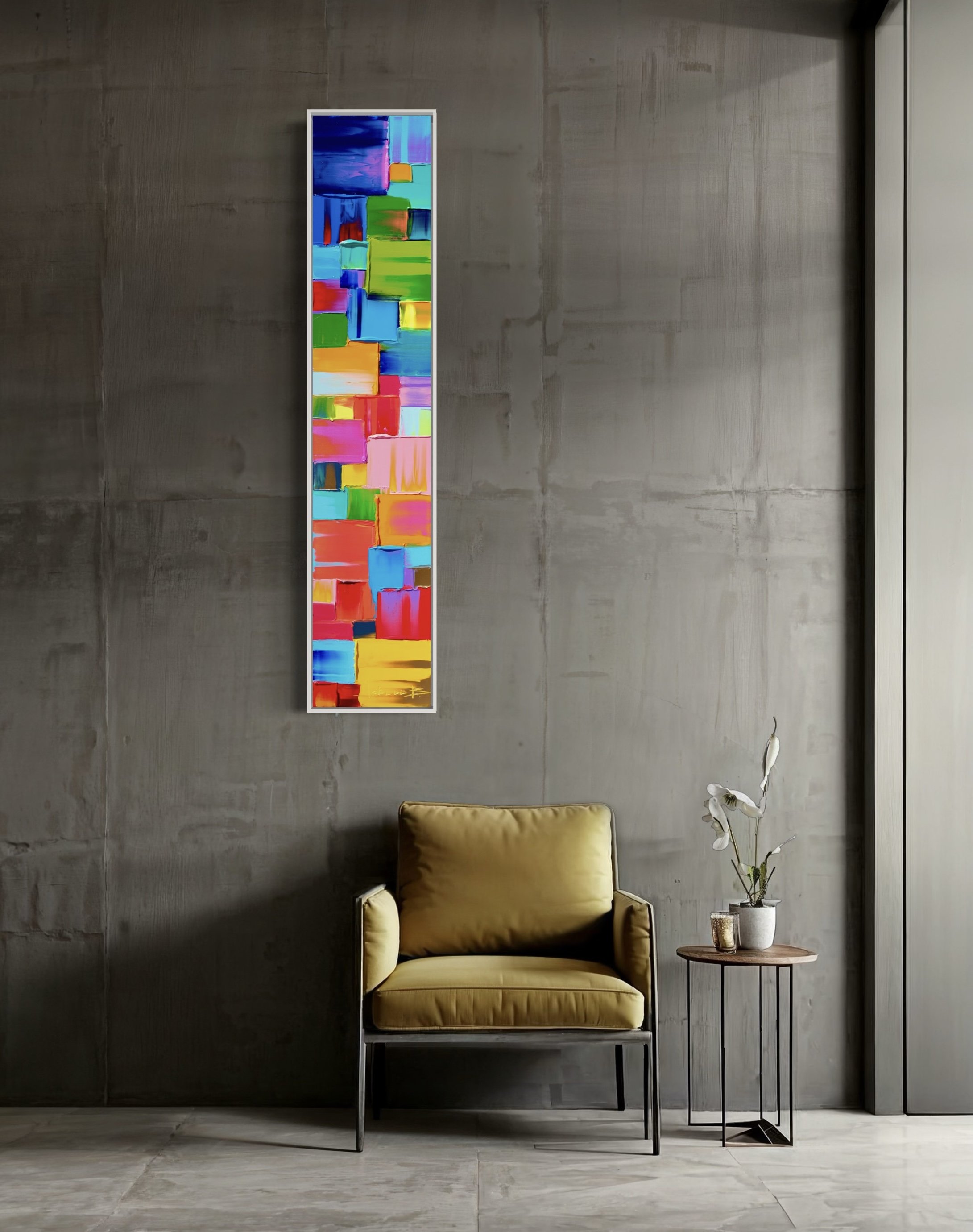 Interior scene with a yellow armchair, small side table with a vase of white flowers, and a colorful abstract painting on a concrete wall