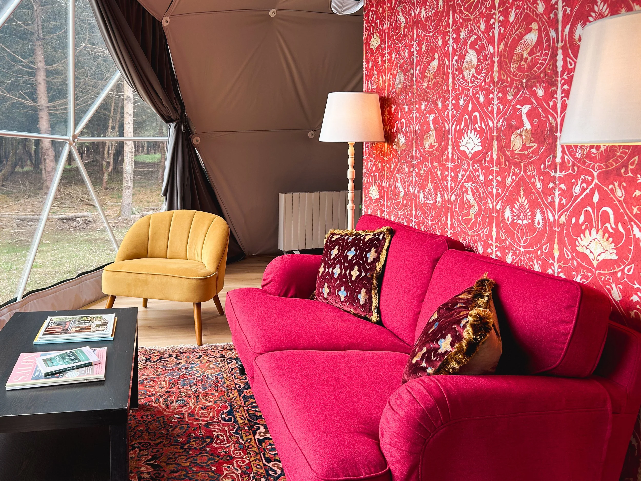 Inviting lounge area with comfy seating for relaxing moments in a Belgium glamping retreat