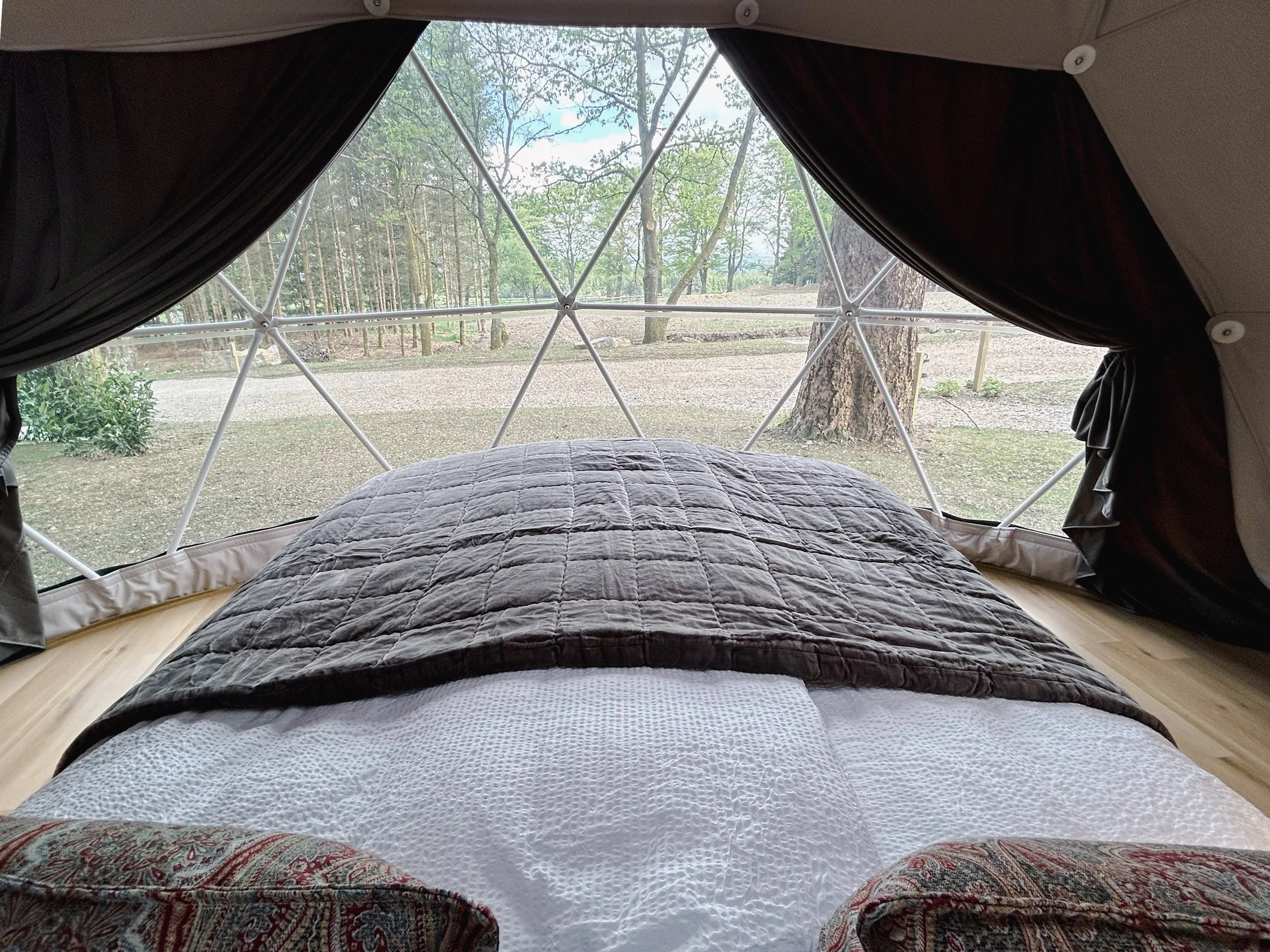 Breathtaking panoramic window in the glamping dome with view into the Ardennes forest