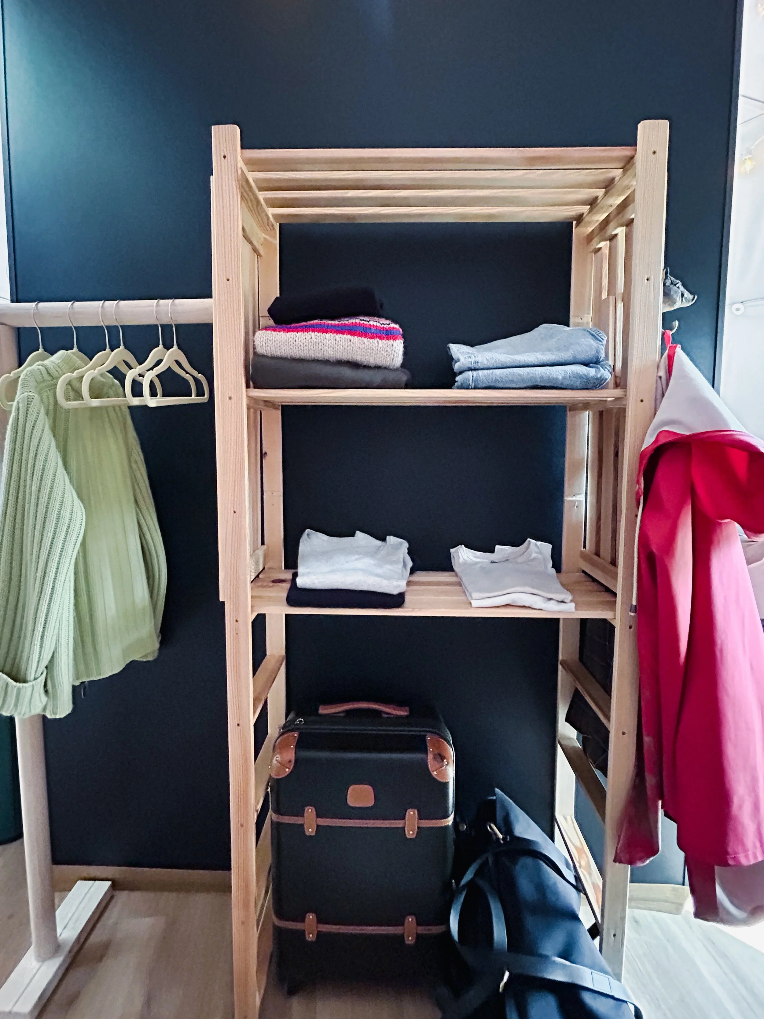 wardrobe space for outdoor gear inside the glamping dome
