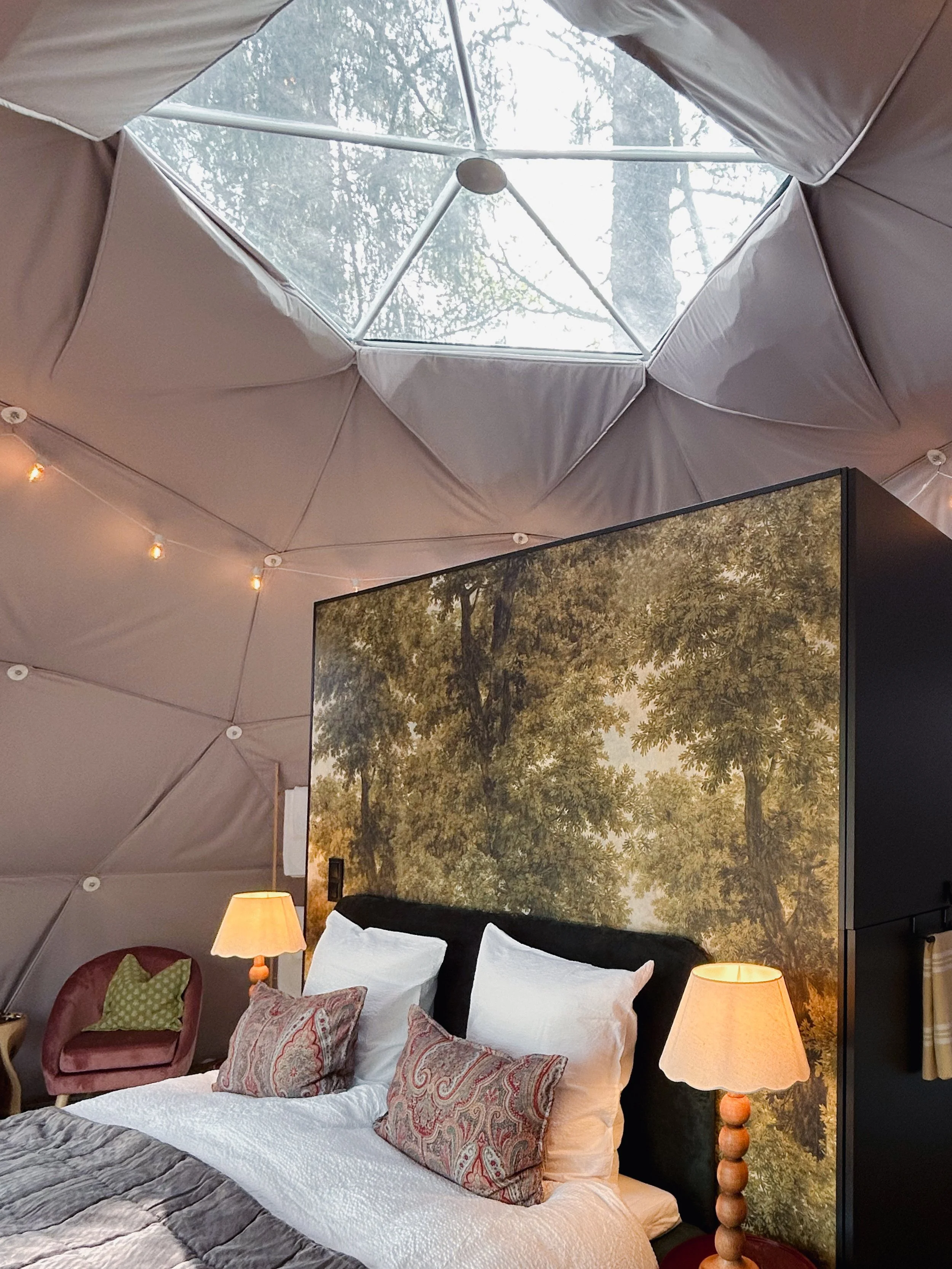 Skylight window above the bed in the glamping dome