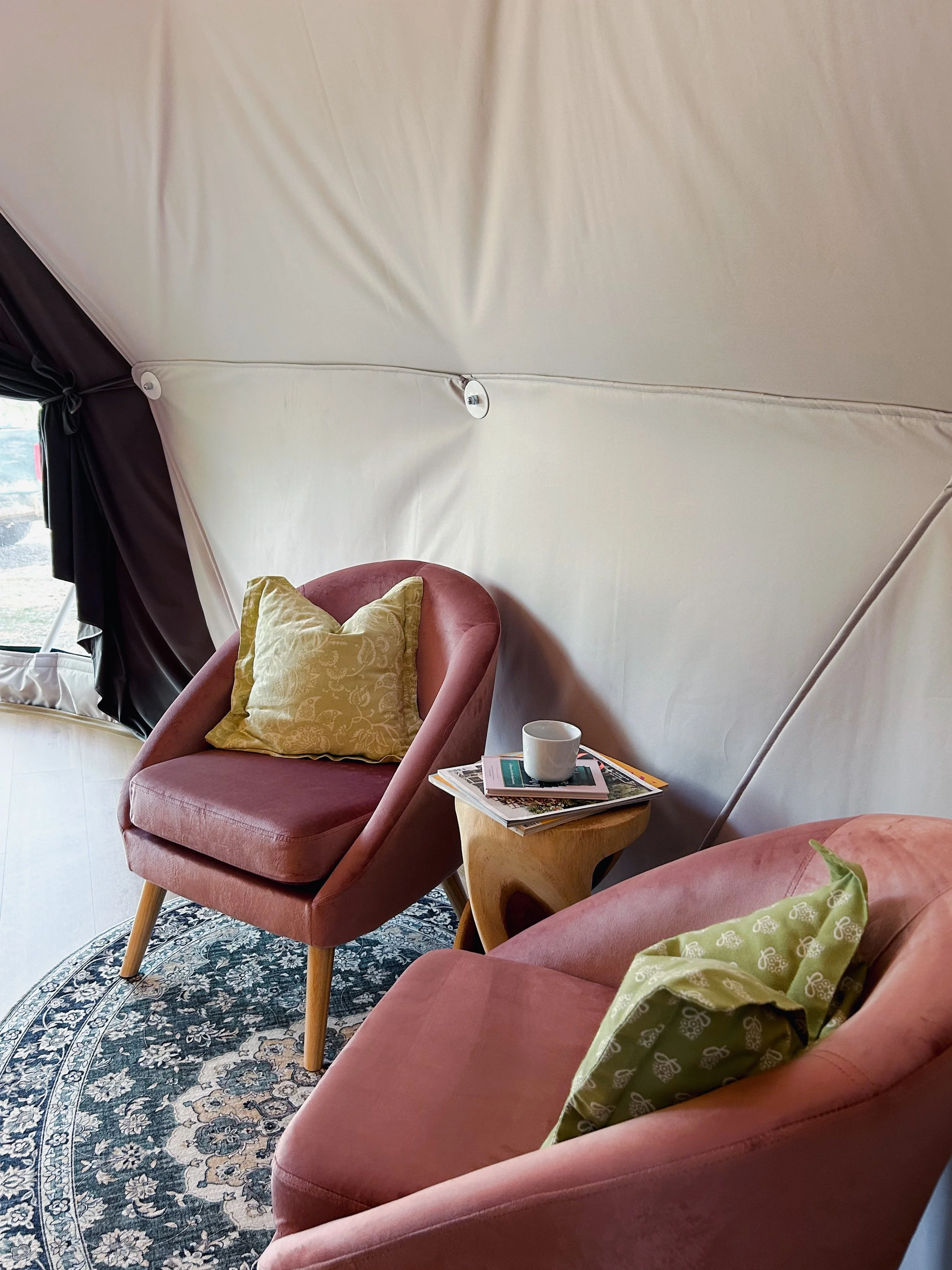 comfortable reading corner of holiday glamping retreat