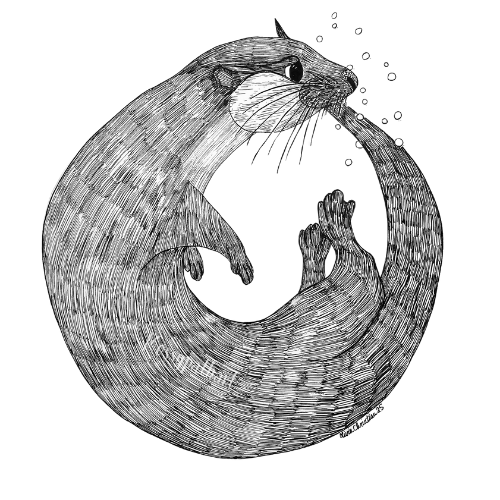 A black-and-white line drawing of an river otter with bubbles rising from its nose.