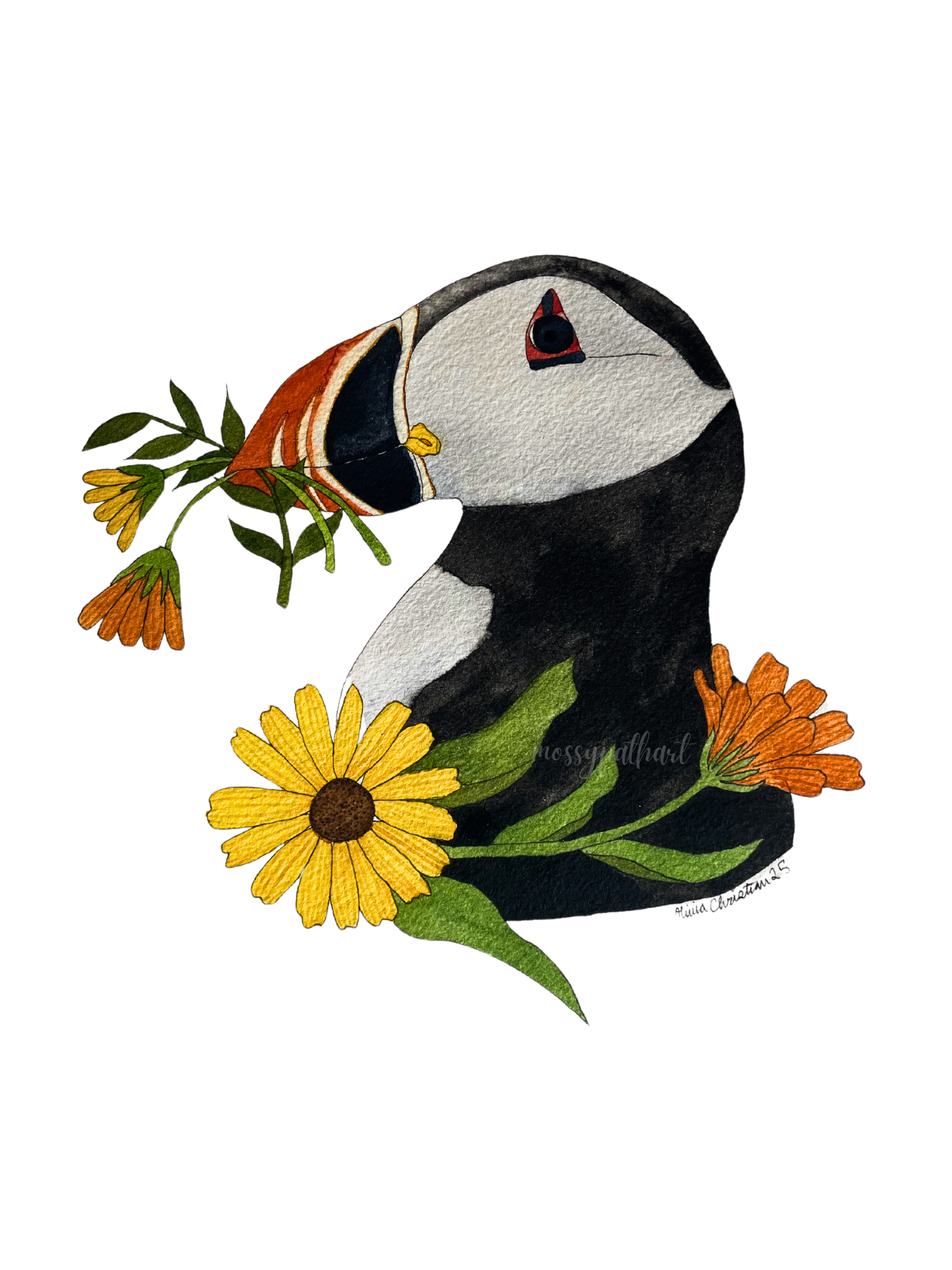 Watercolor illustration of a puffin bird with a flower in its beak, surrounded by yellow and orange flowers with green leaves.