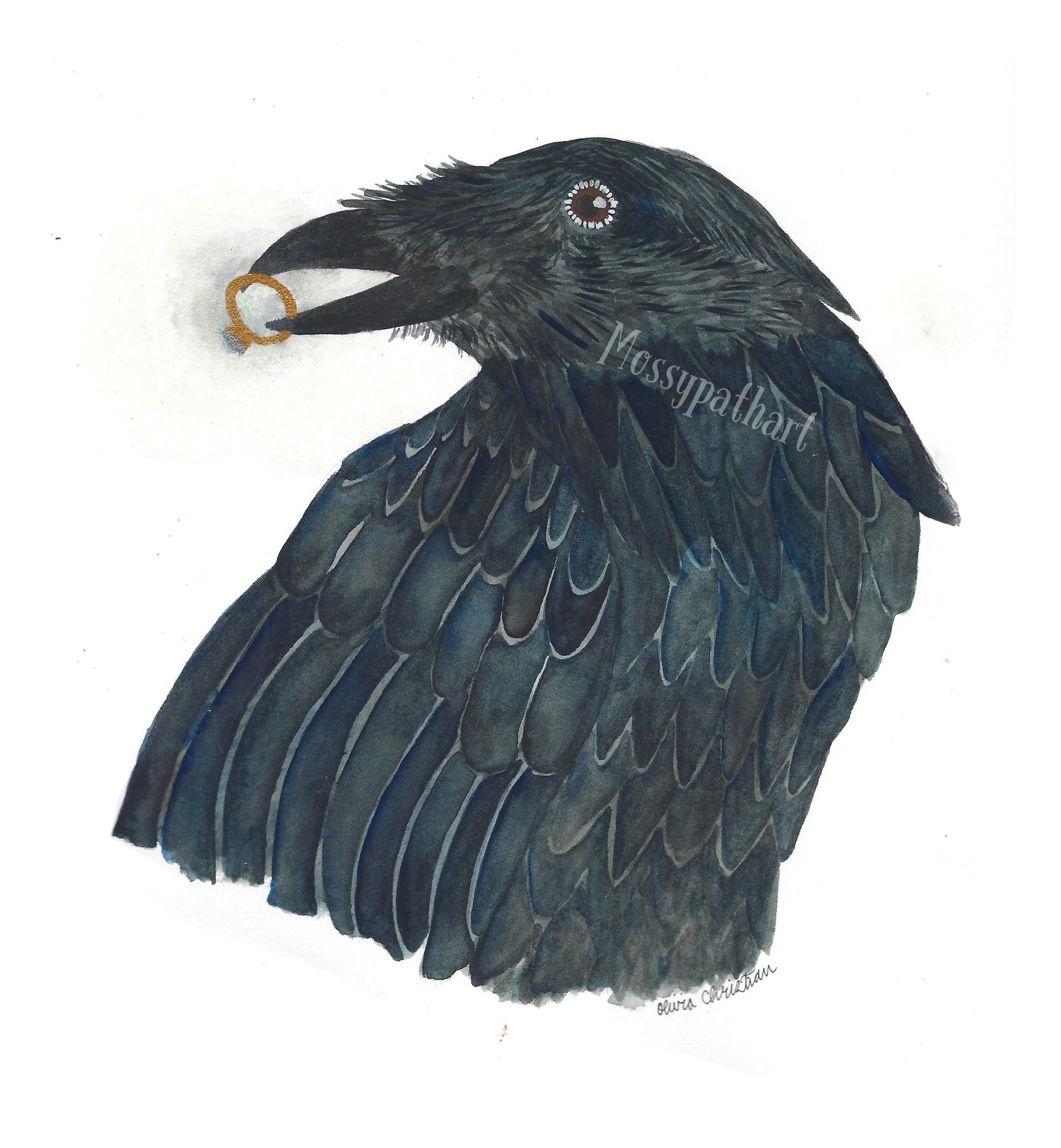 Watercolor painting of a black raven holding a small gold ring in its beak.
