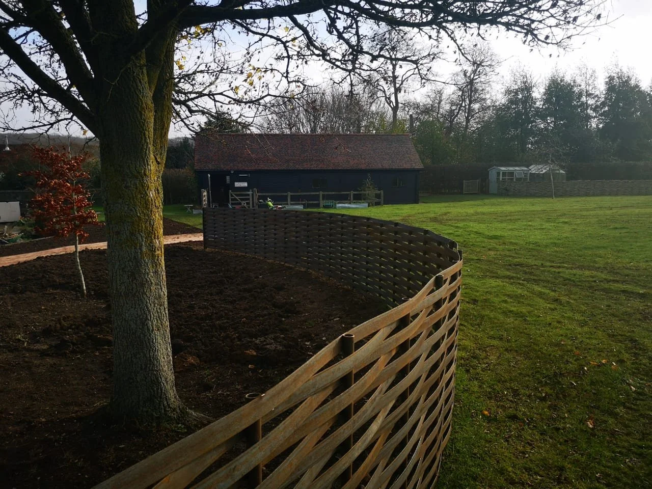 A garden with a large tree and a curved metal fence around a flower bed, grass area, and a black shed in the background.