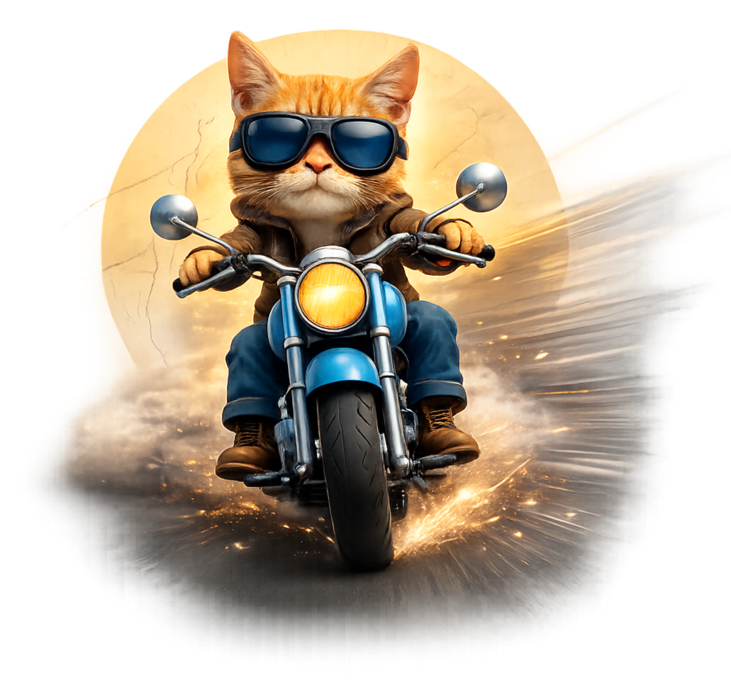 Gatto antropomorfo con occhiali da sole che guida una moto, con uno sfondo di tramonto o alba.