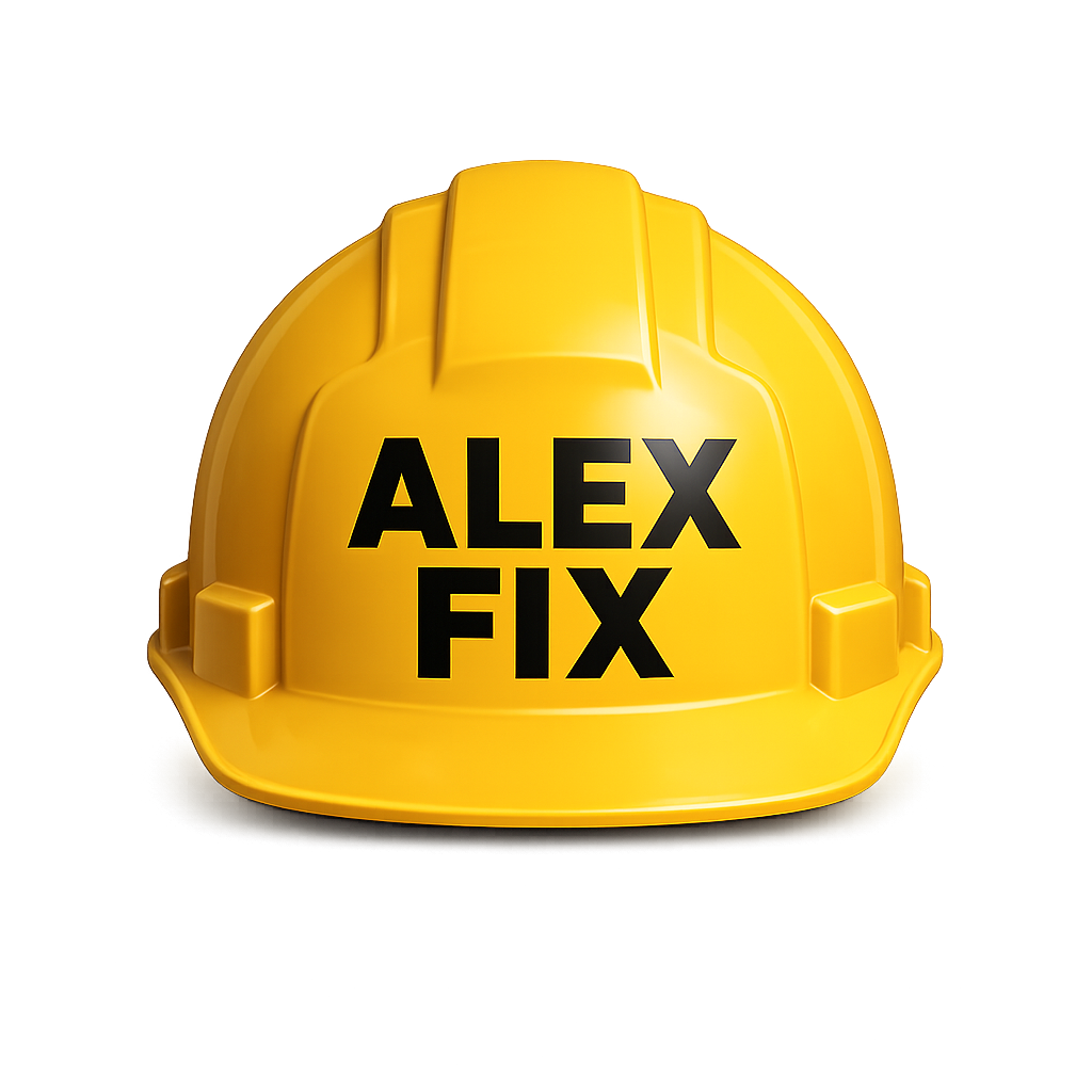Casco da cantiere giallo con scritta nera 'ALEX FIX'