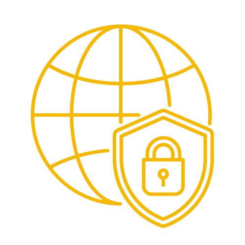 Simbolo di sicurezza digitale con un globo terrestre e uno scudo con lucchetto.