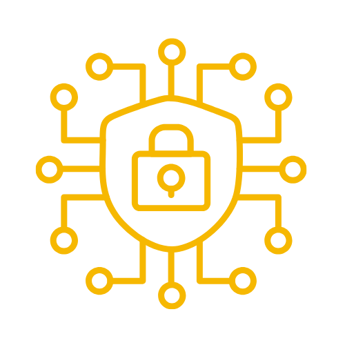 Simbolo di sicurezza informatica con uno scudo e una serratura, circondato da connessioni digitali