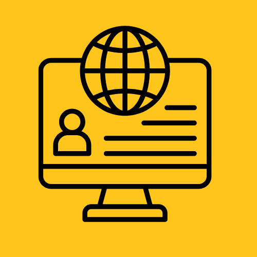 Icona di un computer con un globo e un profilo utente sullo sfondo giallo.
