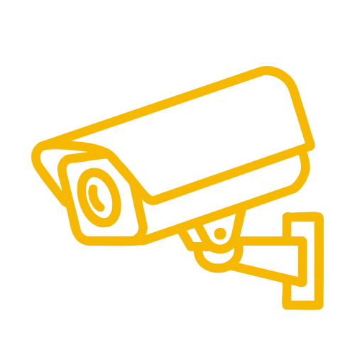 Telecamera di sorveglianza gialla a forma di cilindro con staffa di supporto, disegnata in stile line art.