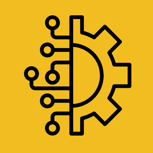 Simbolo di tecnologia e ingegneria, con un'icona di un ingranaggio e circuiti elettronici su sfondo giallo.