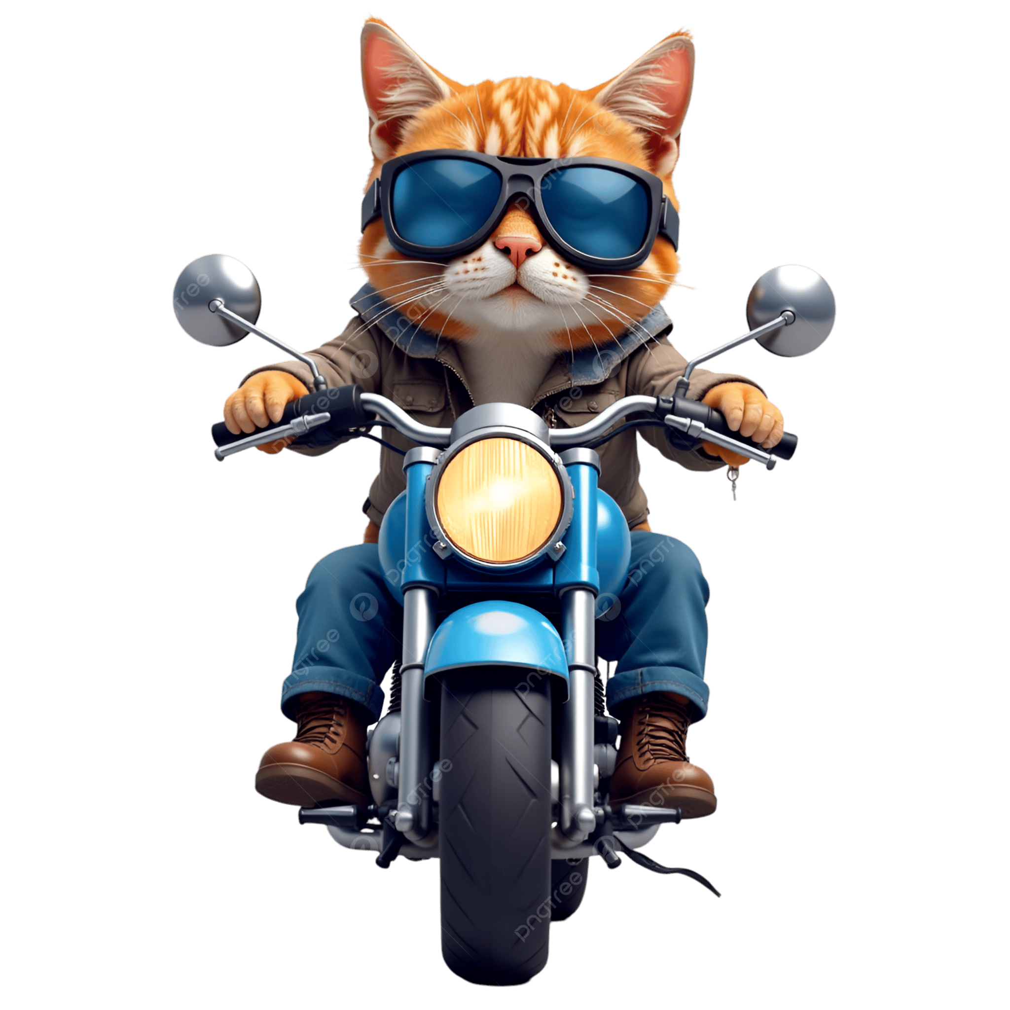 Gatto con occhiali da sole e giacca seduto sulla moto.