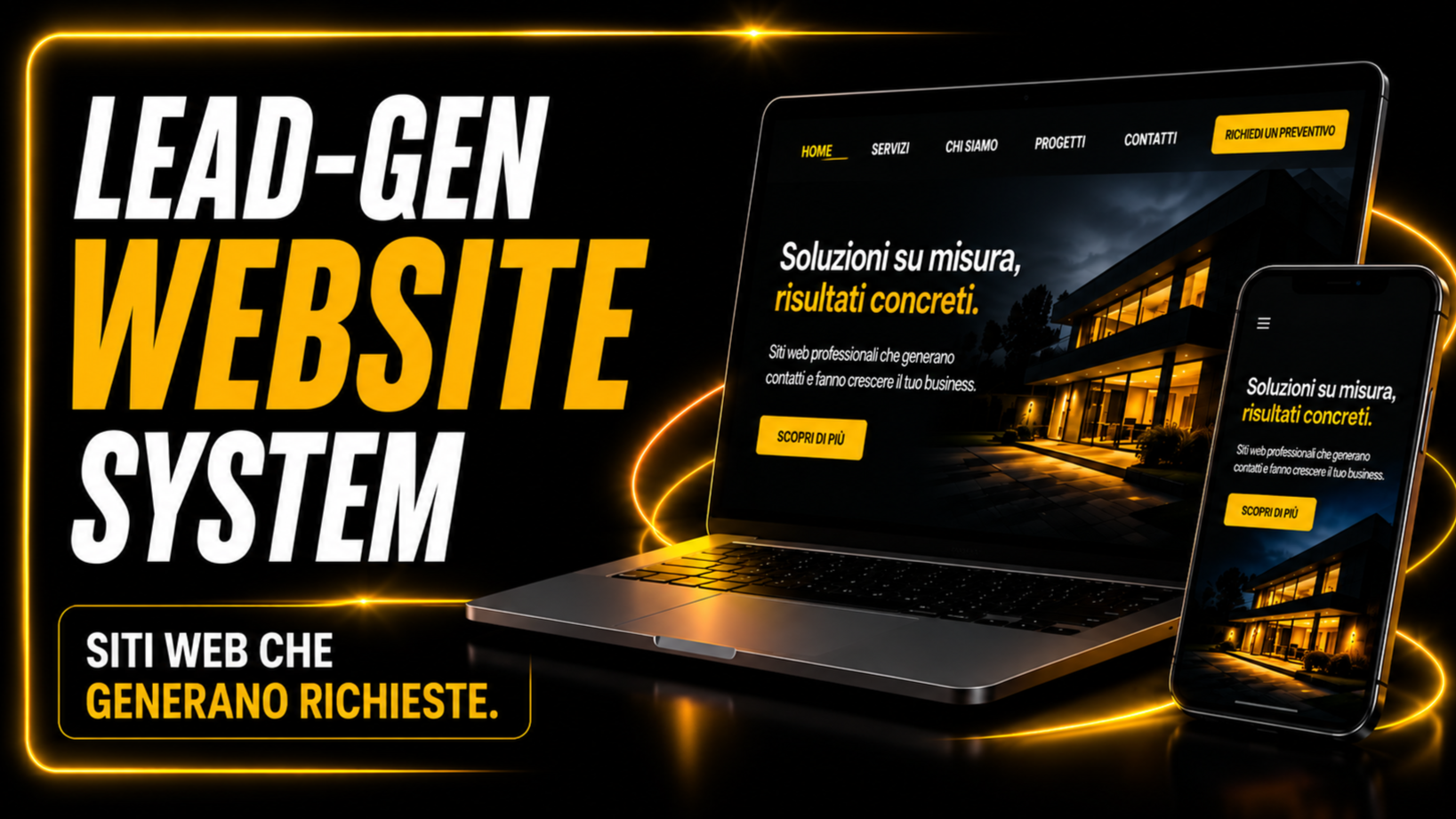 Banner pubblicitario di un servizio di sviluppo di siti web, con immagini di un laptop e di uno smartphone che mostrano un sito web, con testo in italiano e colori nero, giallo e bianco.