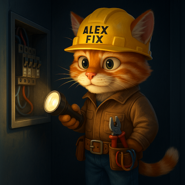 Gatto antropomorfo indossa un casco da cantiere giallo con scritto 'ALEX FIX', una tuta da lavoro marrone, tiene una torcia e una pinza, si trova vicino a un quadro elettrico.