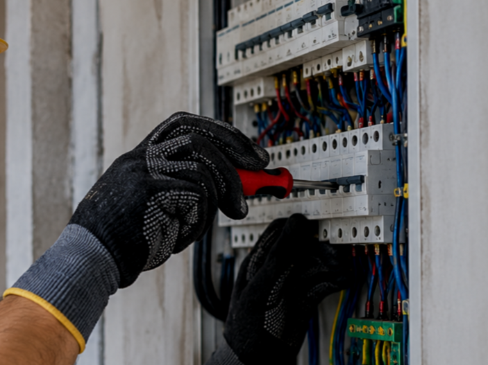 Una persona con guanti utilizza un cacciavite per lavorare su un quadro elettrico con vari cavi e interruttori.