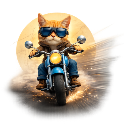 Gatto con occhiali da sole che guida una moto, con scia di fumo sullo sfondo.
