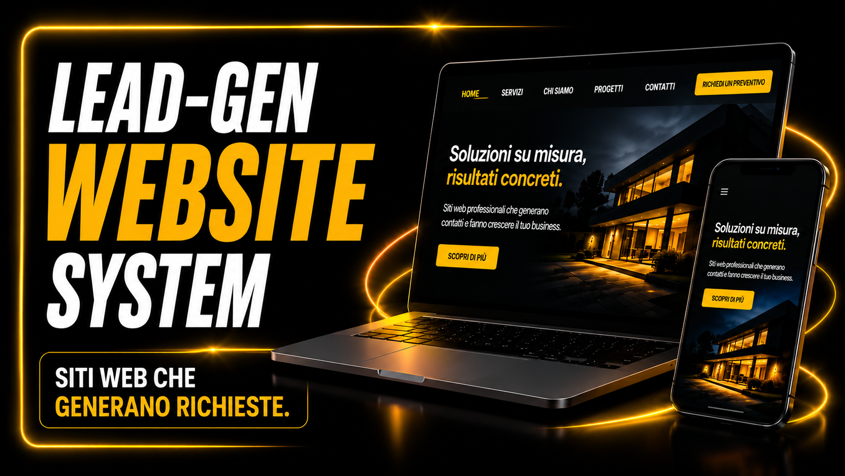 Banner pubblicitario di un servizio di creazione di siti web che mostra un laptop e uno smartphone con il sito web di esempio, con testo in italiano e effetti di luci gialle.