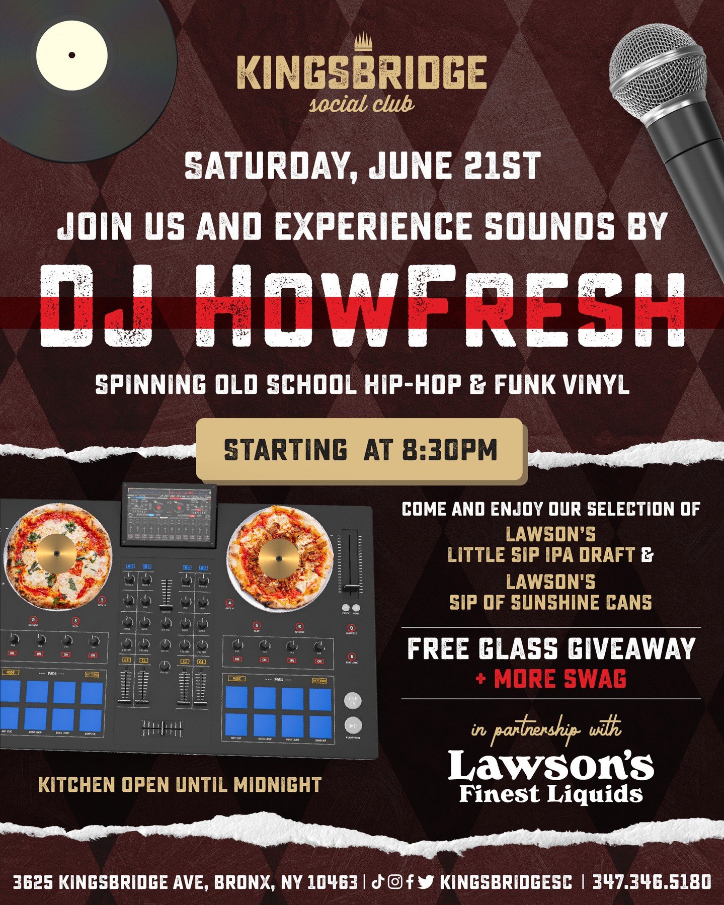The countdown begins&hellip; This Saturday night, DJ HowFresh hits the decks at Kingsbridge SC with nothing but old-school hip-hop &amp; funk on vinyl. 🔥 

🕣The fun starts at 8:30pm
🍺 Free swag &amp; Lawson&rsquo;s giveaway
🍕 Come hungry&mdash;ou