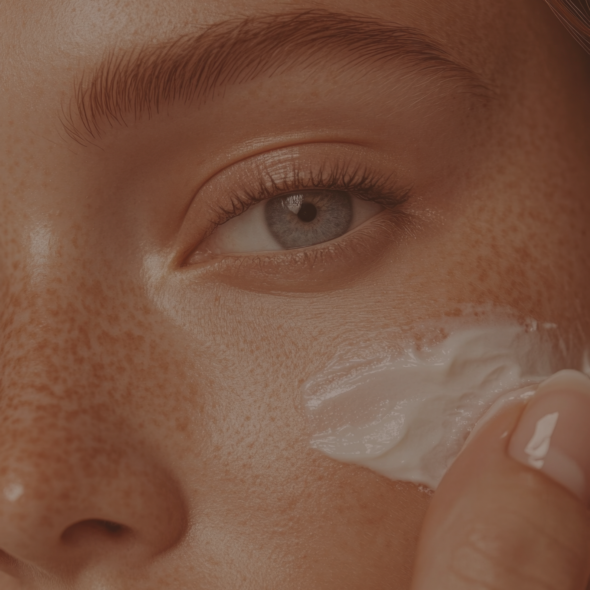 Close-up of a person's face applying a cream skincare product with a finger, focusing on the eye and cheek area.