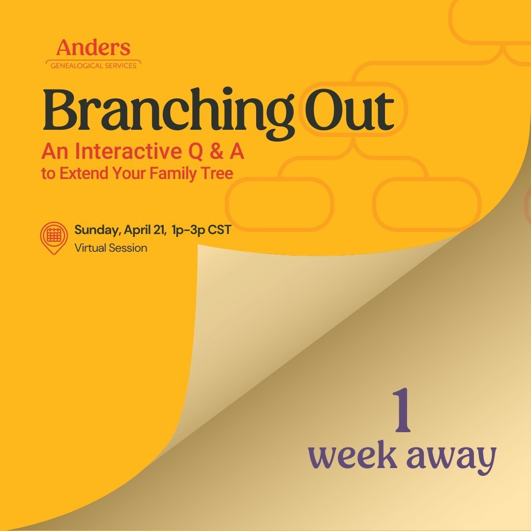 Struggling to make sense of your genealogy research or feeling overwhelmed by the sheer amount of information?

Branching Out is 1 week away!

Join the fun on April 21 for a supportive and informative event where with personalized assistance to help 