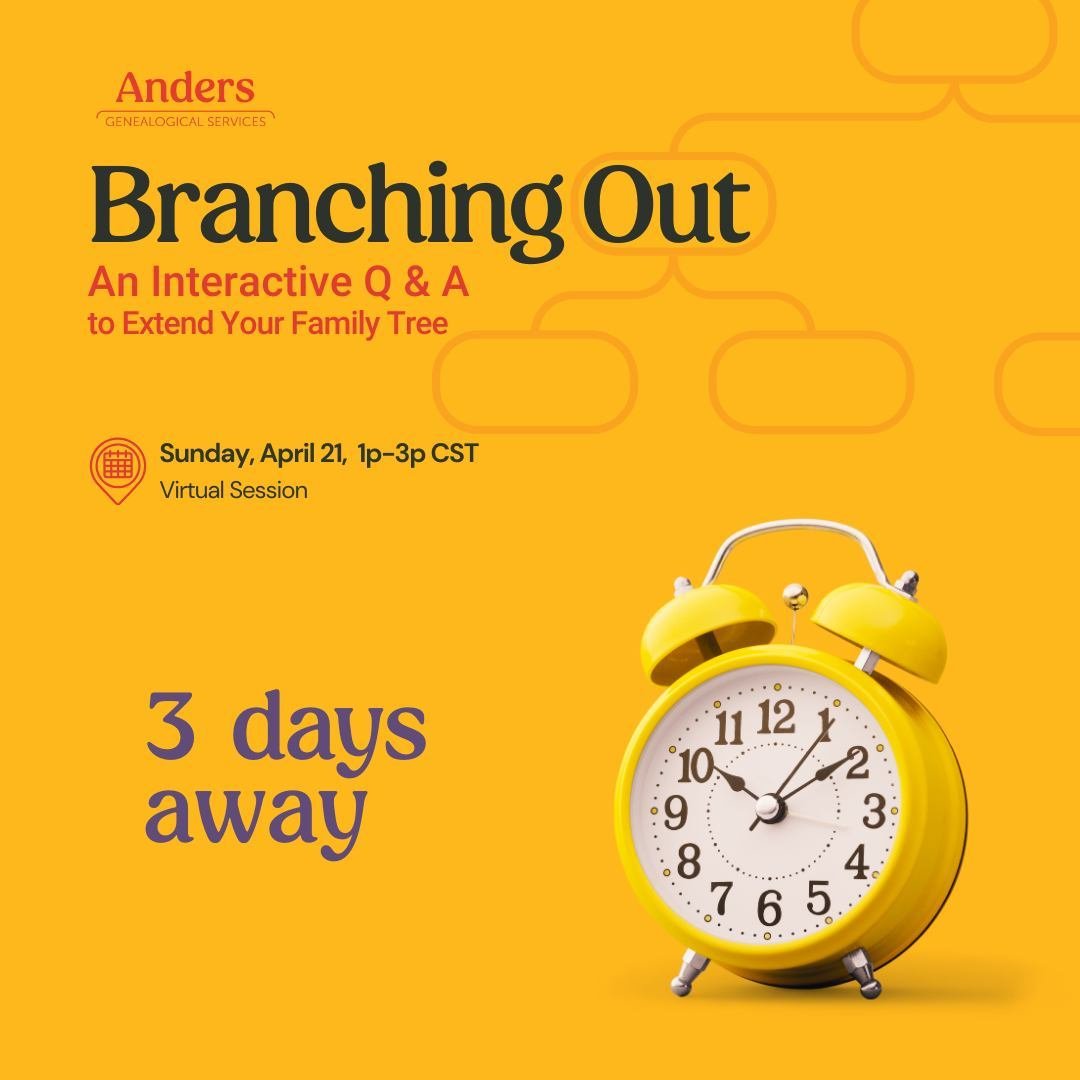 Last chance to join Branching Out happening in just 3 days! Can't wait to dive into your family history journey with you. Whether you're a beginner or an experienced researcher, bring your questions or share your research challenges, and let's work t