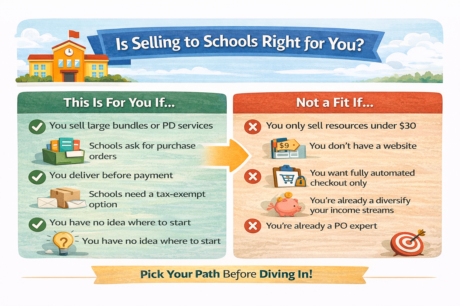 A colorful infographic titled 'Is Selling to Schools Right for You?' with two columns. The left column titled 'This Is For You If...' lists criteria for selling to schools, including selling large bundles or PD services, delivering before payment, schools needing a tax-exempt option, and having no idea where to start, each with checkmarks and icons. The right column titled 'Not a Fit If...' lists reasons such as only selling resources under $30, not having a website, wanting fully automated checkout, already diversifying income streams, or being a PO expert, each with a cross icon. A banner at the bottom says 'Pick Your Path Before Diving In!'