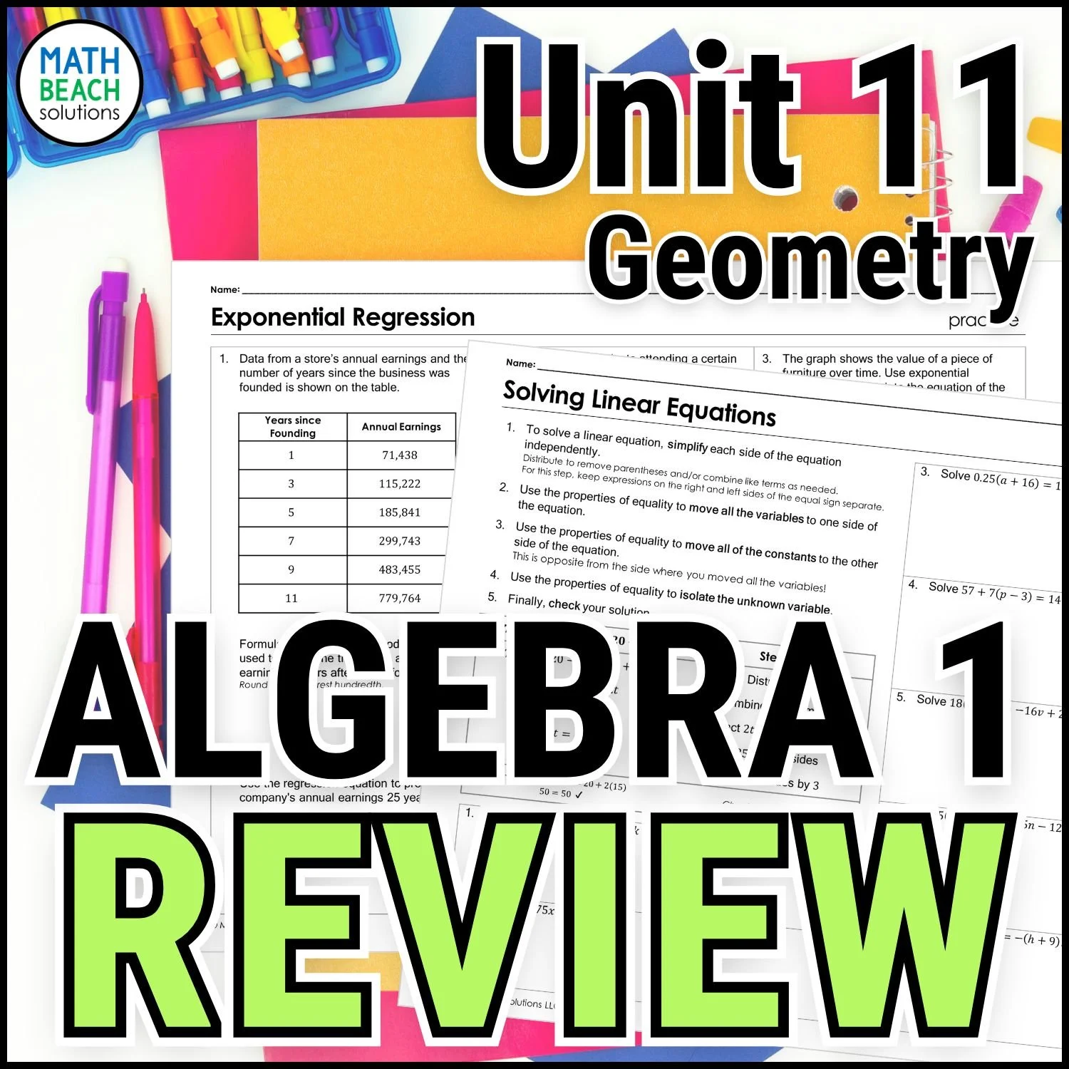 Unit 11 Algebra 1 Review and Final Exam - Algebra 1 Curriculum