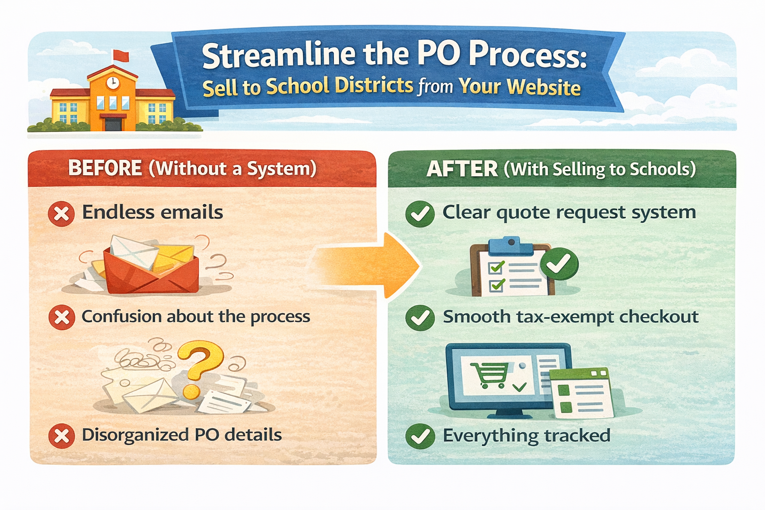 An infographic titled 'Streamline the PO Process: Sell to School Districts from Your Website' comparing 'Before' and 'After' methods. The 'Before' side lists issues like endless emails, confusion, and disorganized PO details with illustrations of emails and question marks. The 'After' side highlights solutions such as a clear quote request system, smooth tax-exempt checkout, and everything tracked, with illustrations of check marks, a clipboard, a computer, and a shopping cart.