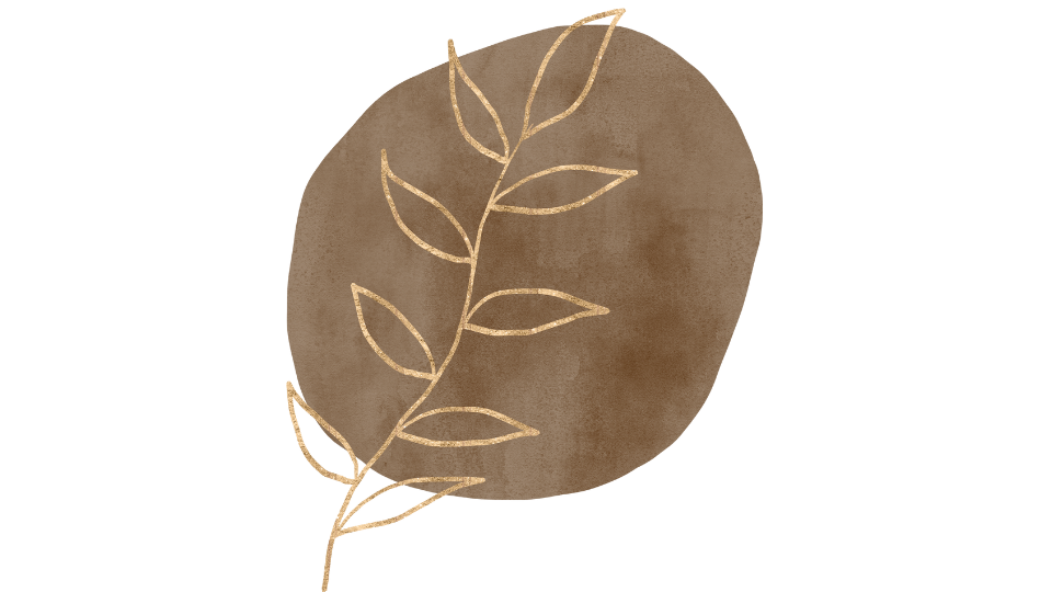 A watercolor painting of a brown oval shape with a thin gold outline of a leafy branch over it.