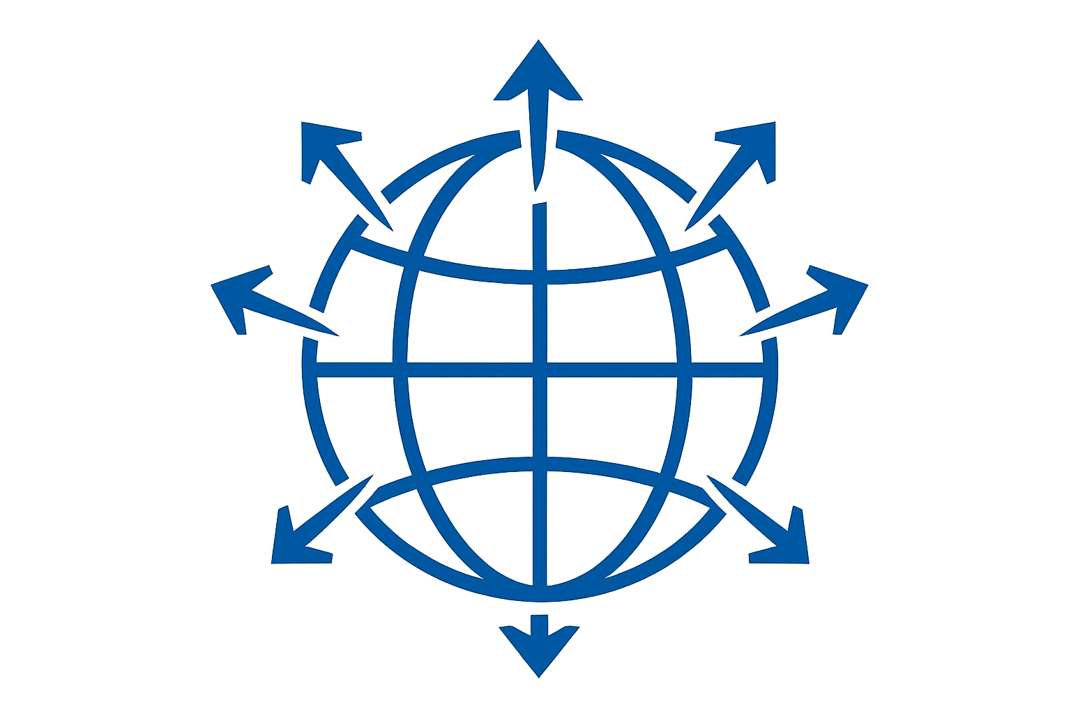 A blue wireframe globe with arrows pointing outward in all directions.