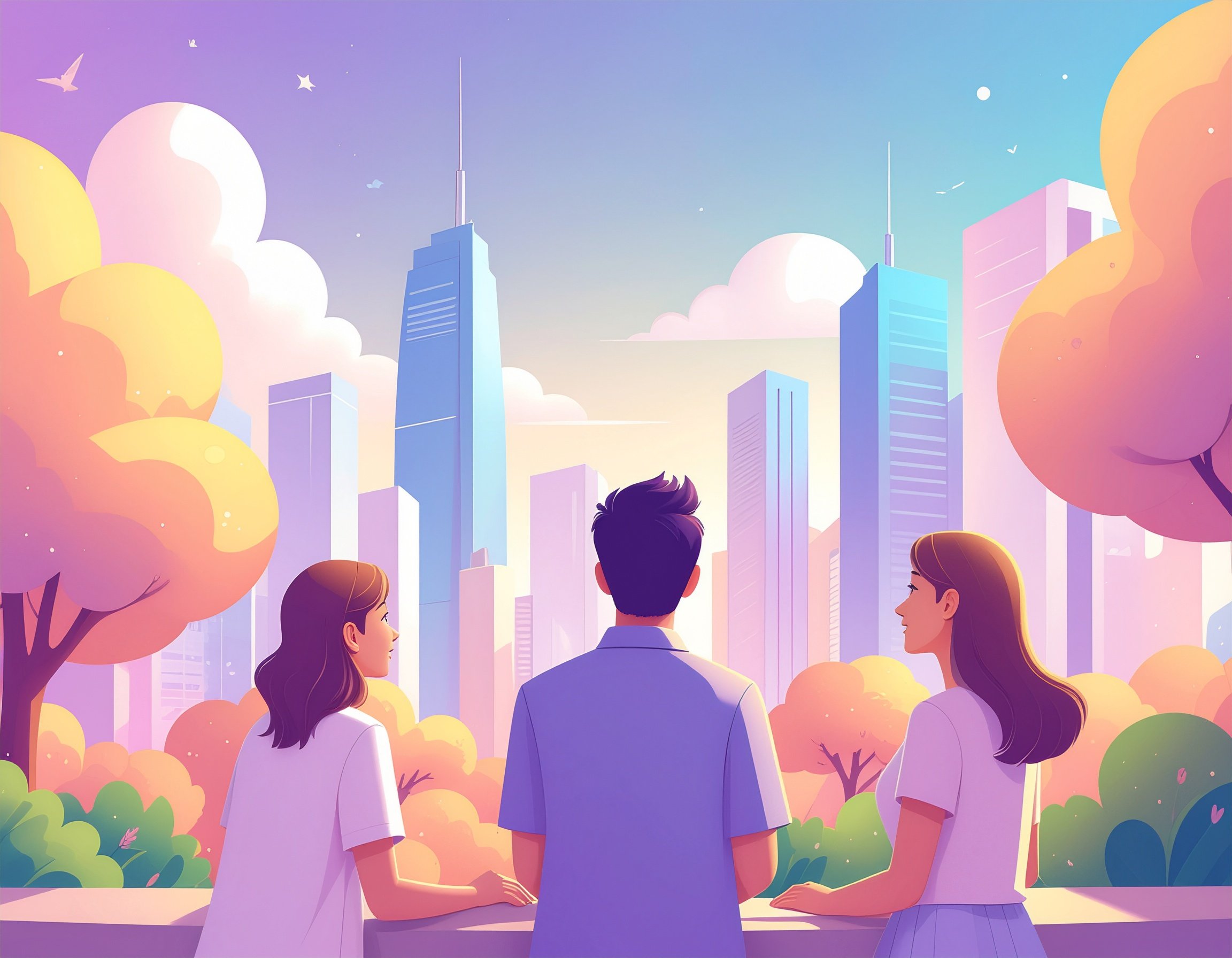 Three young people, two women and one man, stand in a park with colorful trees, looking at a city skyline with tall skyscrapers during sunset or sunrise.