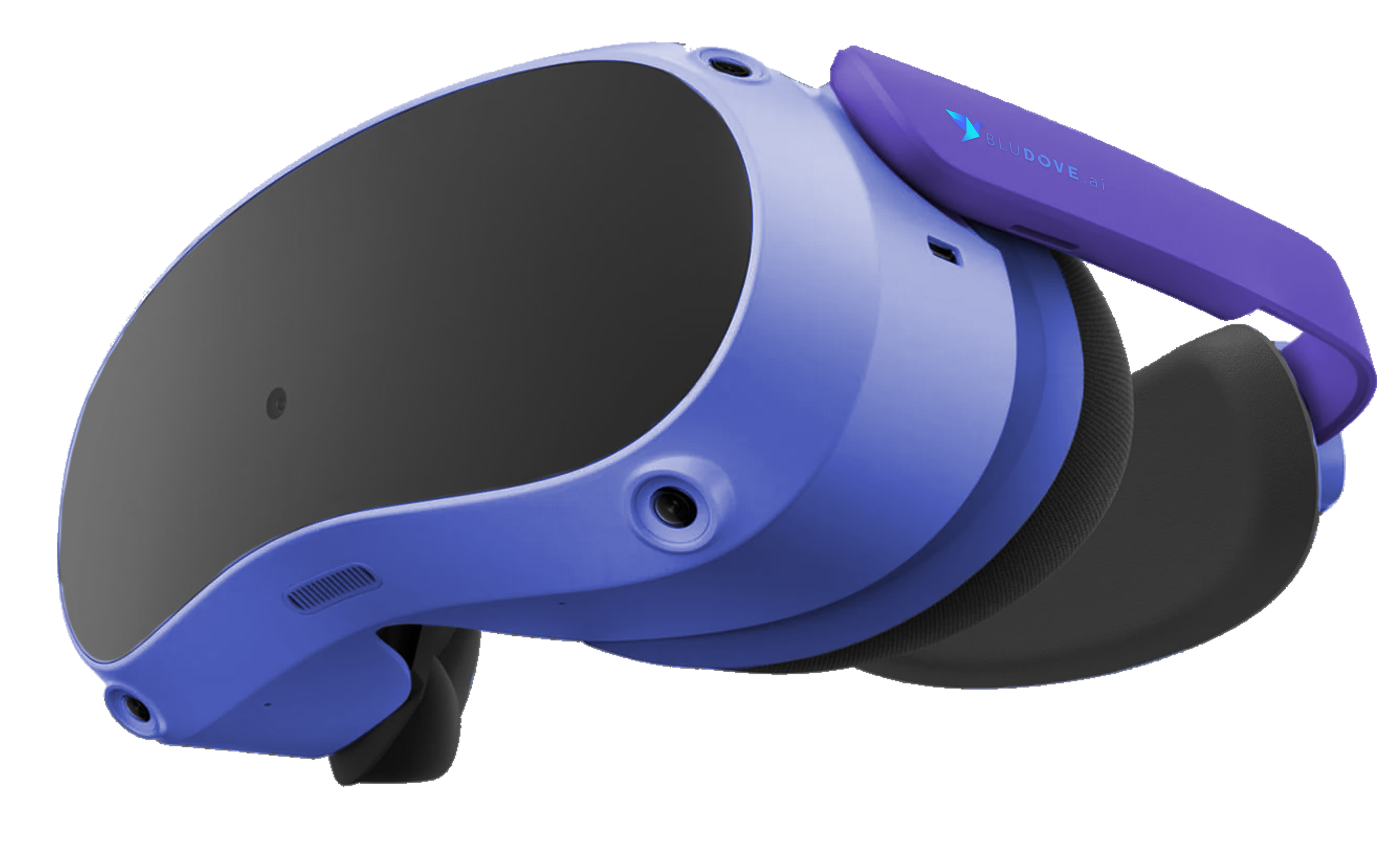 Blue virtual reality headset with black lenses and a purple head strap labeled 'BLUDOVE.ai'