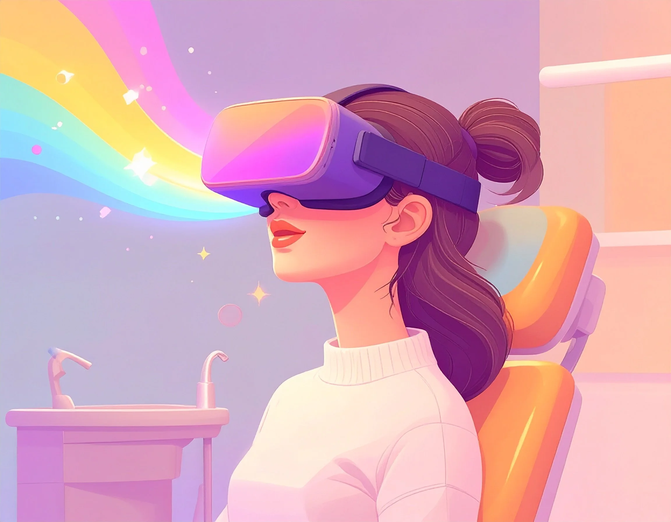 A woman with dark hair in a bun wearing a white top is sitting in a dental chair with a virtual reality headset on. She is experiencing a rainbow-colored beam coming from the headset, in a brightly lit room.