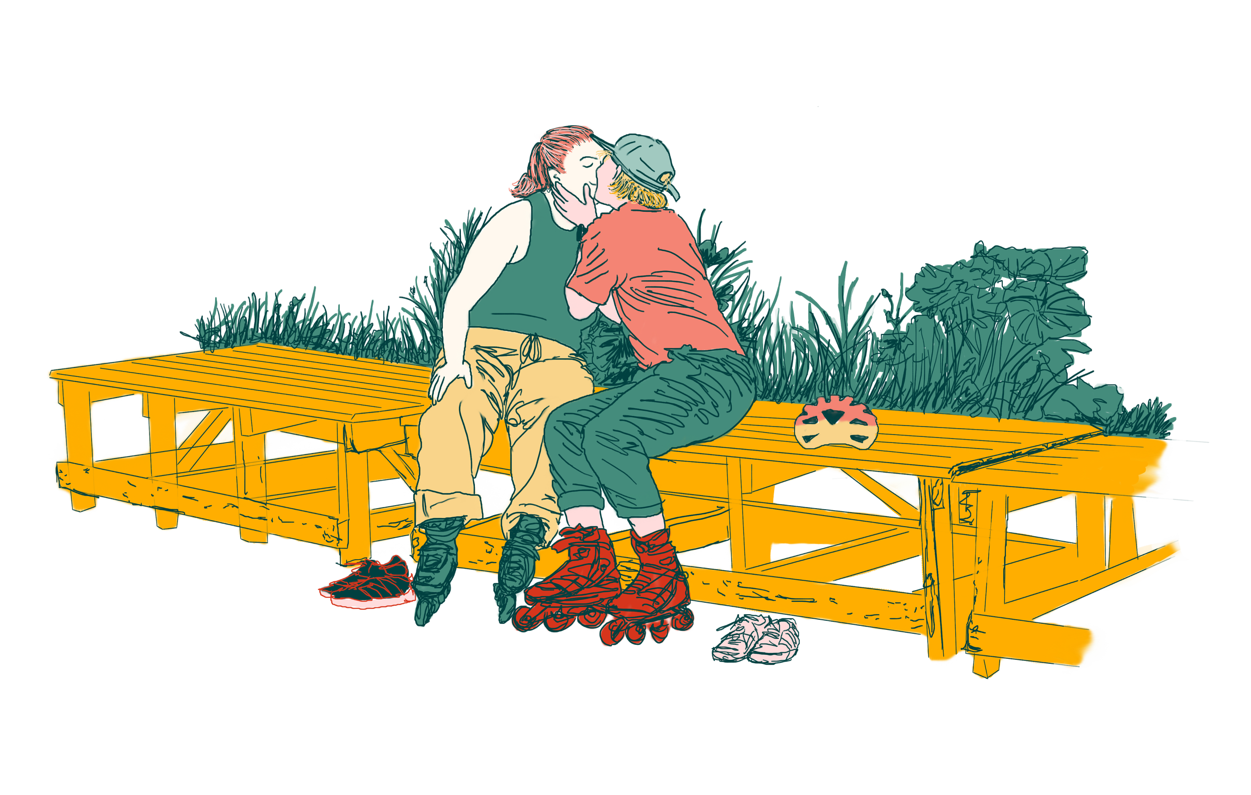 Illustration of two people sharing a kiss on a yellow wooden bench, surrounded by greenery.