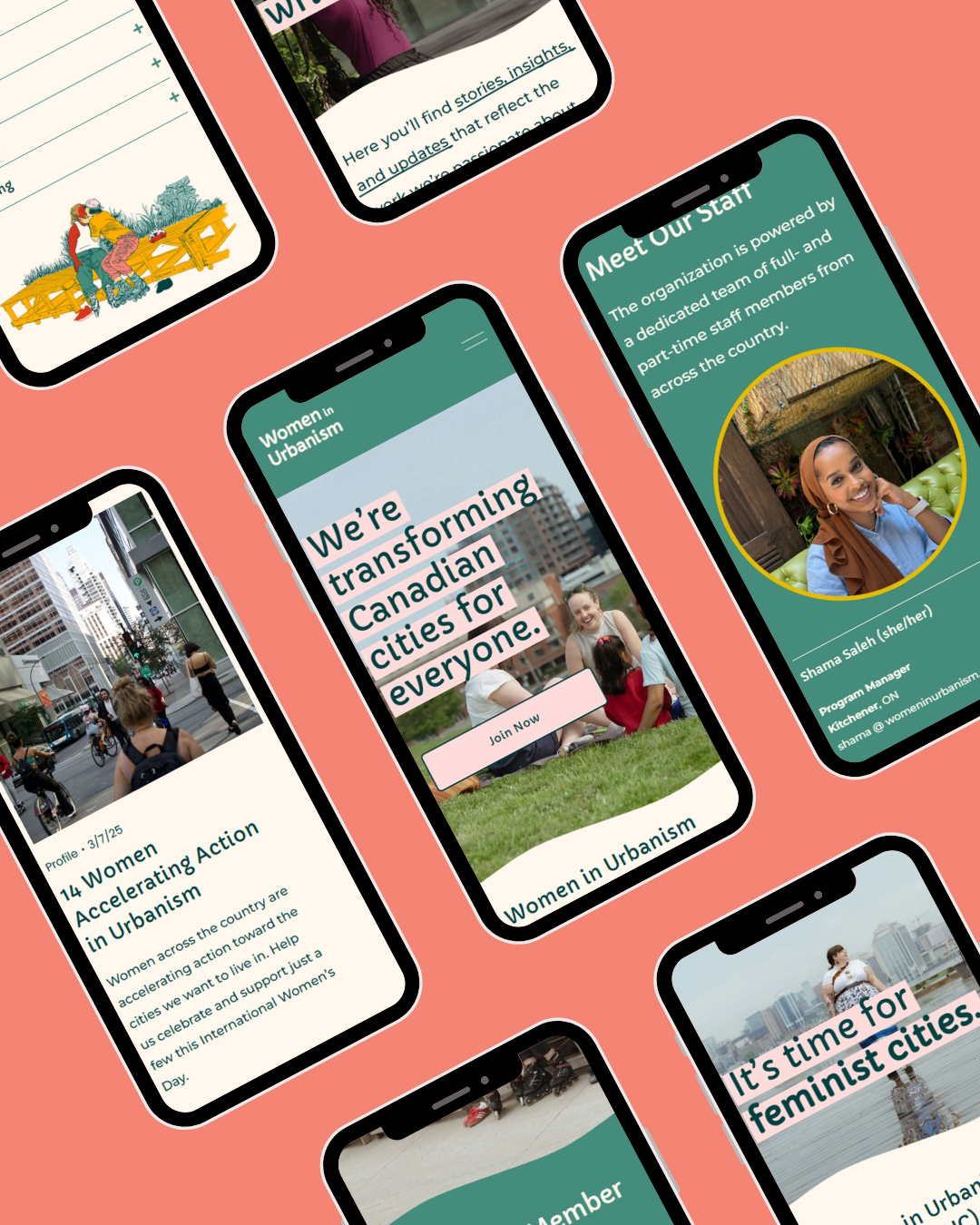 Multiple smartphones displaying various pages related to women in urbanism and transforming Canadian cities, with illustrations, photos of women, and informational text, all on a pink background.