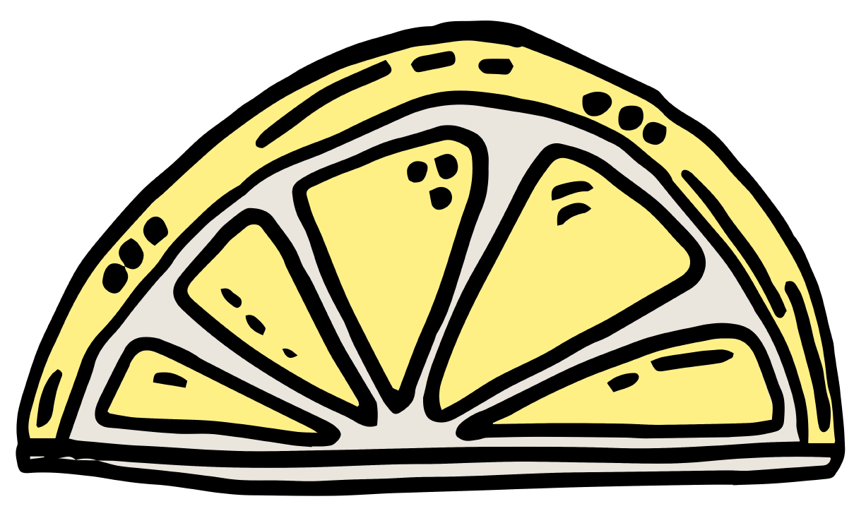 A cartoon illustration of a lemon wedge with yellow pulp and white rind.