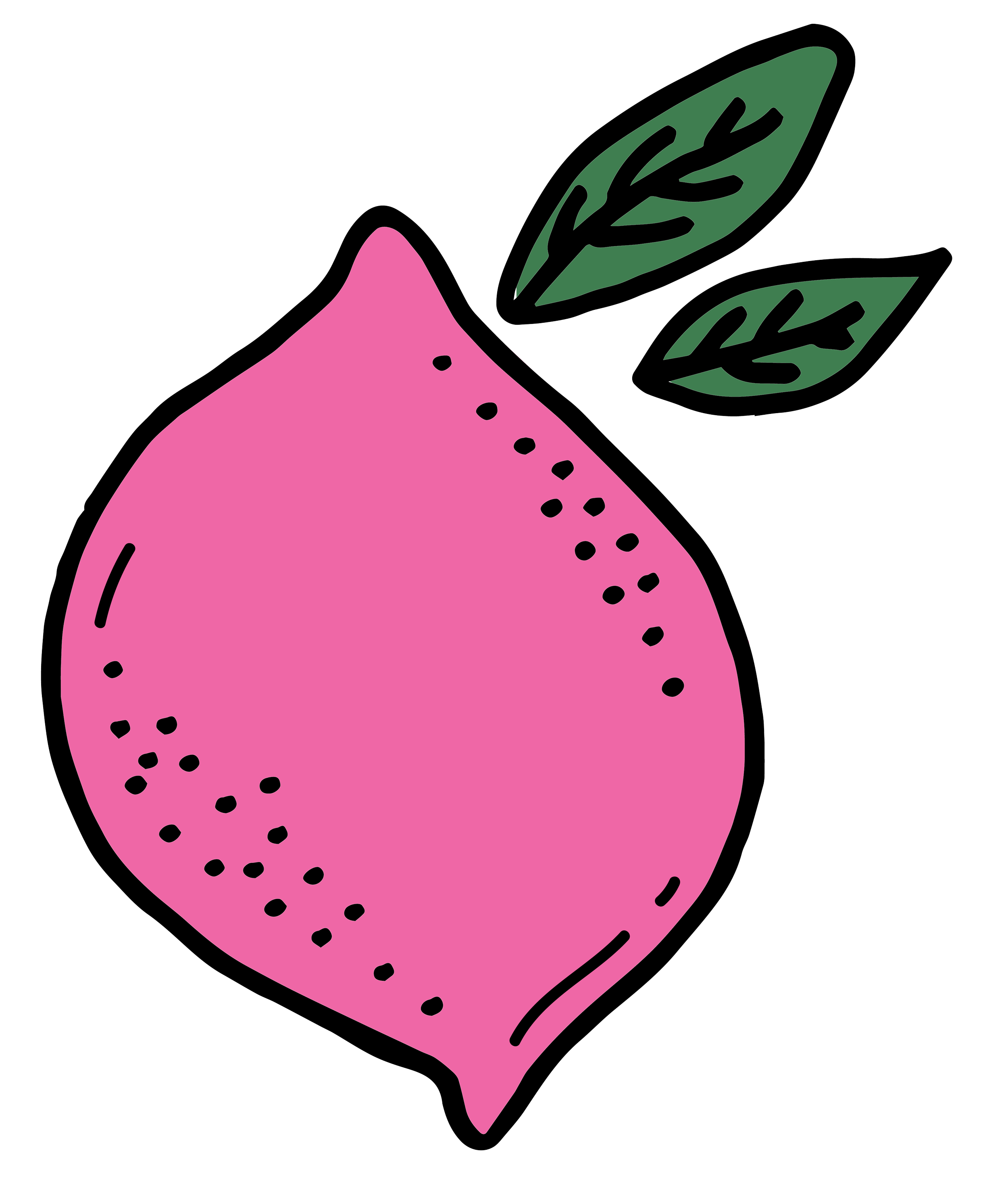 A stylized illustration of a pink lemon with two green leaves.