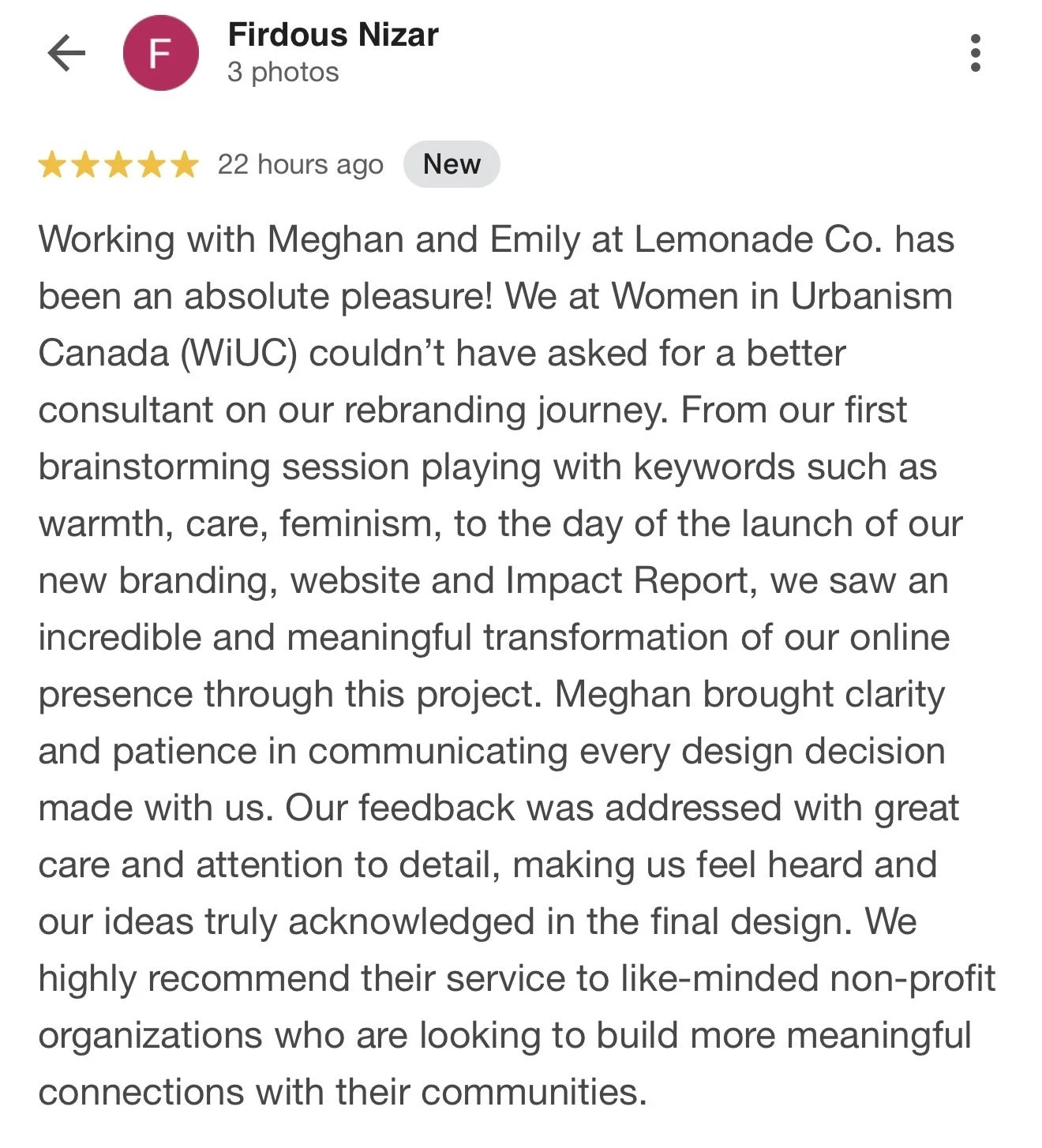 Screenshot of a Google review from Women in Urbanism Canada for Lemonade Co branding and website design services