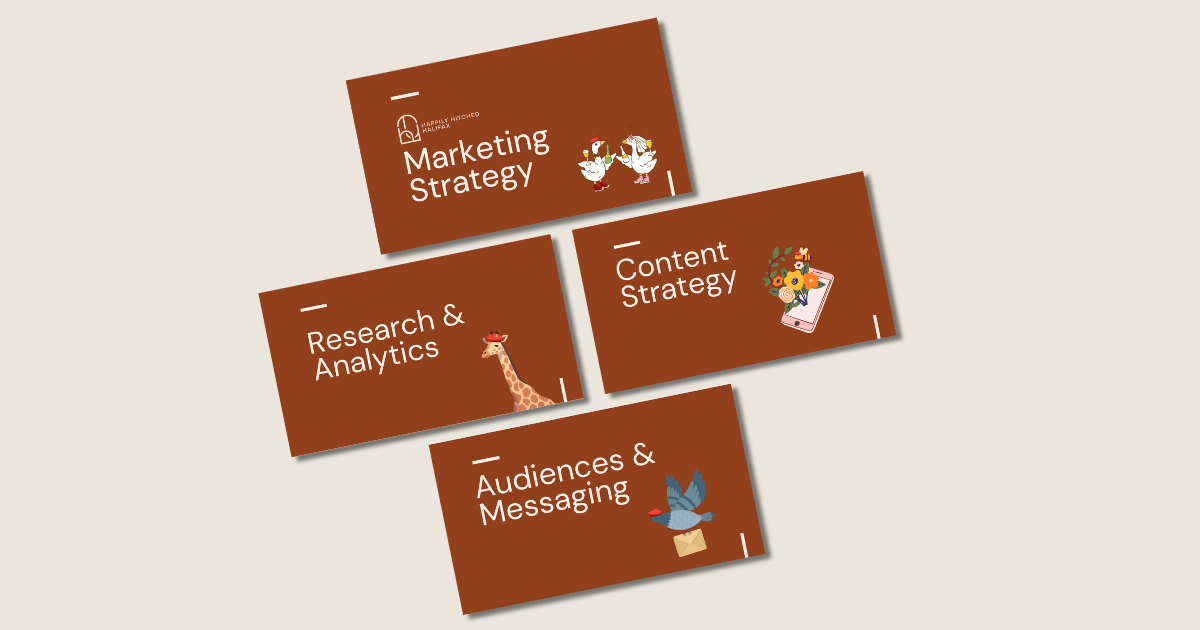 Four brown cards with white text and illustrations, titled Marketing Strategy, Content Strategy, Research & Analytics, and Audiences & Messaging, arranged on a light background.