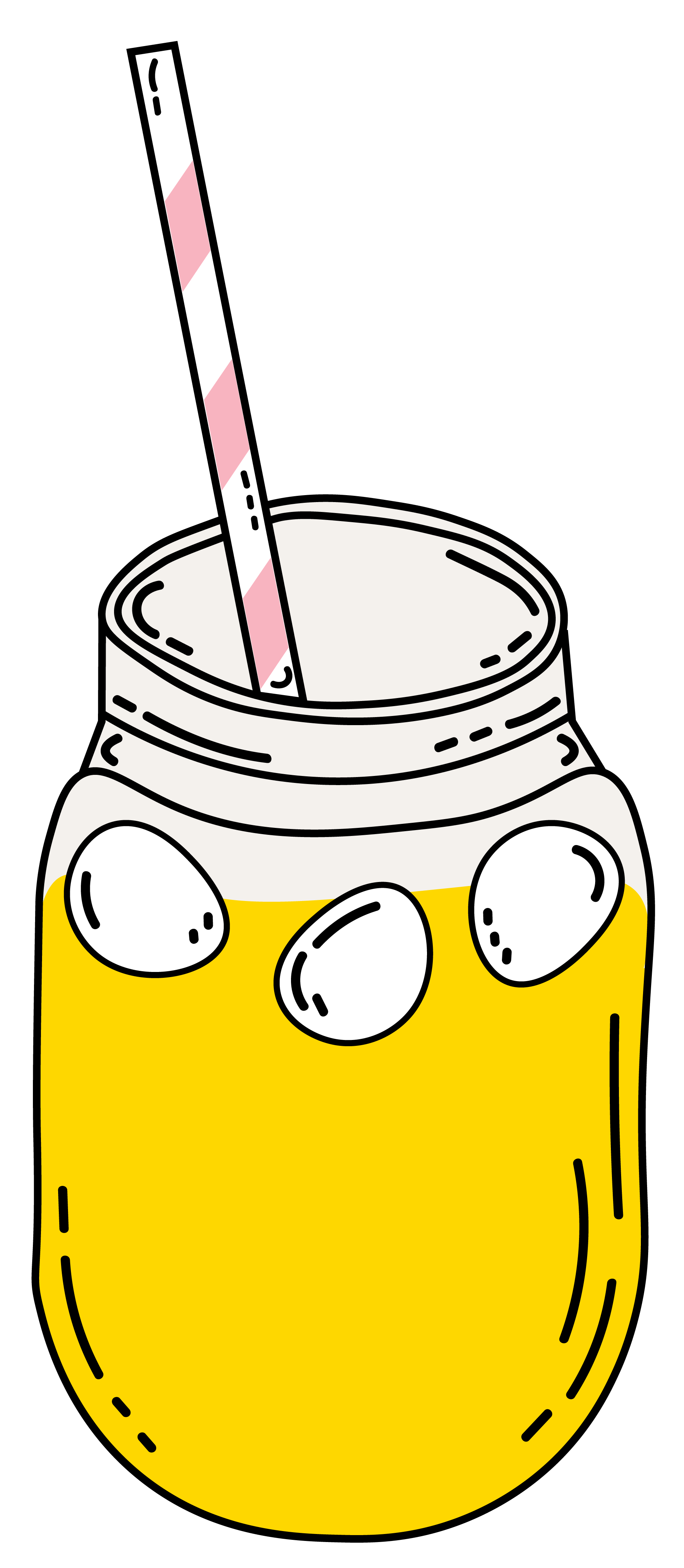Drawing of a mason jar filled with yellow liquid and ice cubes, with a pink and white striped straw.