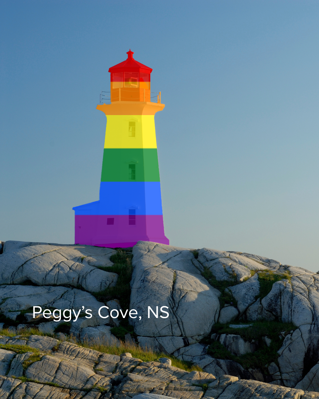Lighthouse at Peggy's Cove in Nova Scotia painted with rainbow colors.