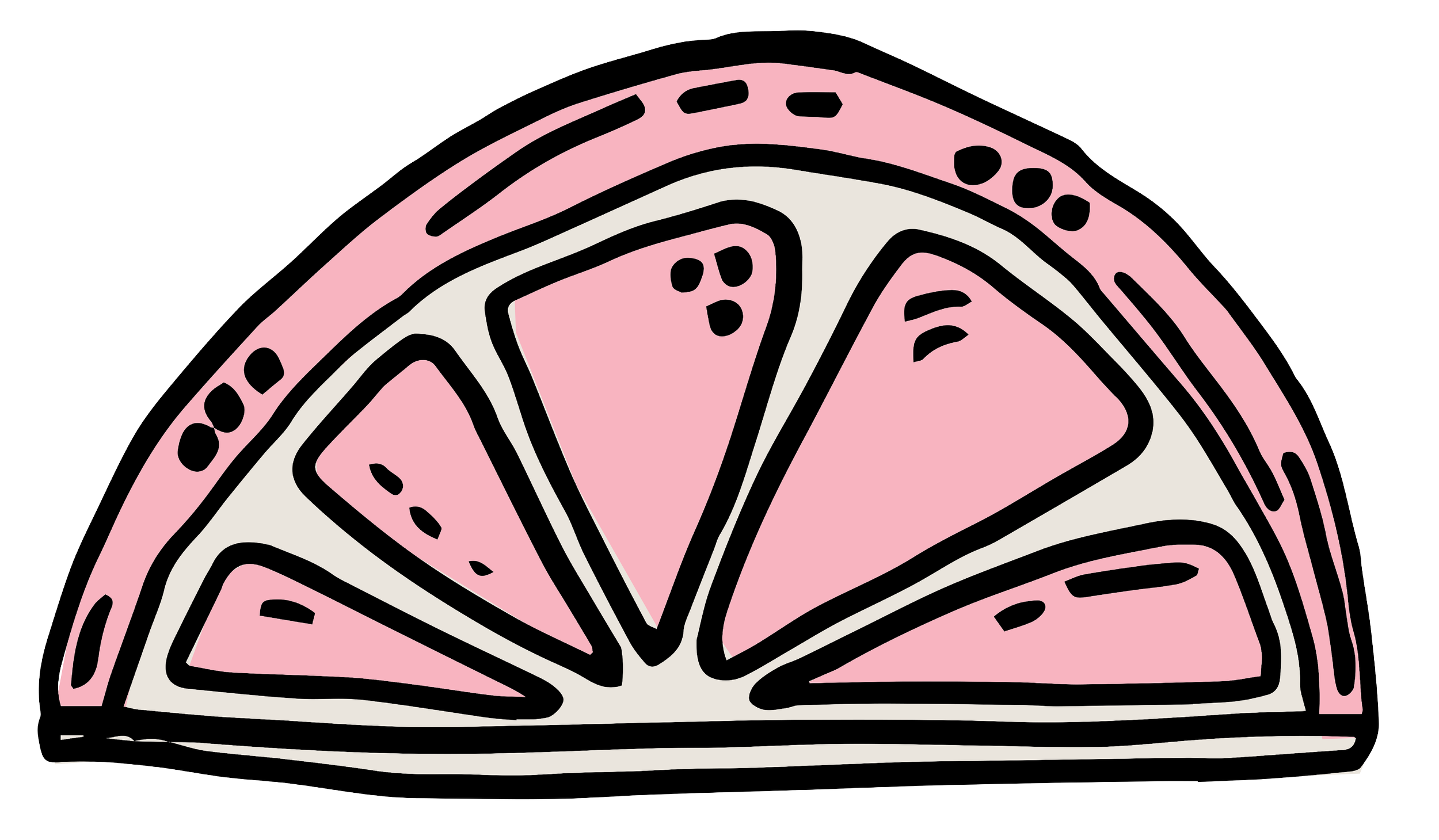 A stylized drawing of a pink lemon wedge with black outline details.